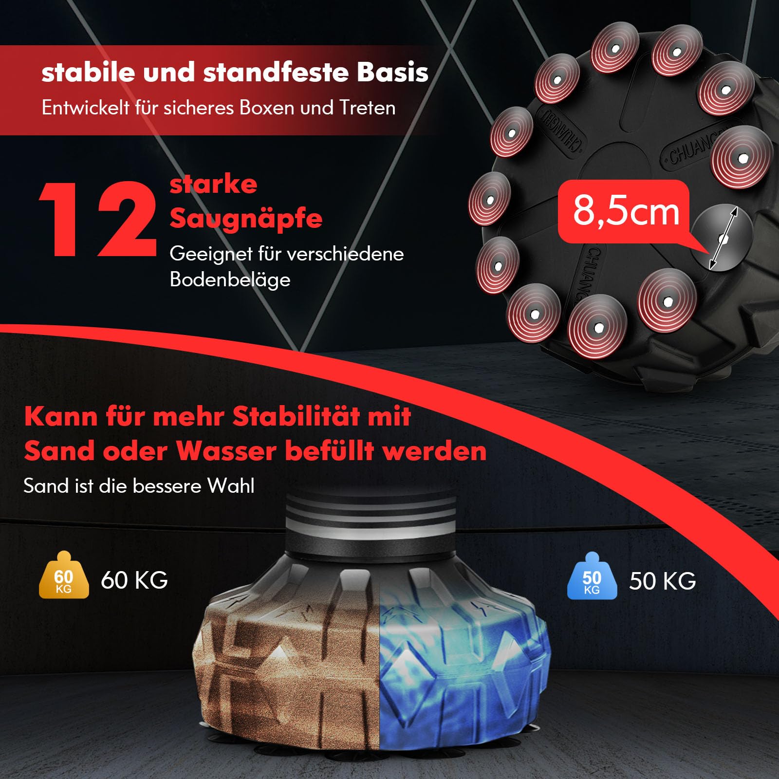 GYMAX Boxsack Stehend Erwachsene Jugendliche, 170 cm Freistehender Standboxsack mit auffüllbarer Saugnapf-Basis, Punching Bag für Muay Thai, MMA, Boxtraining