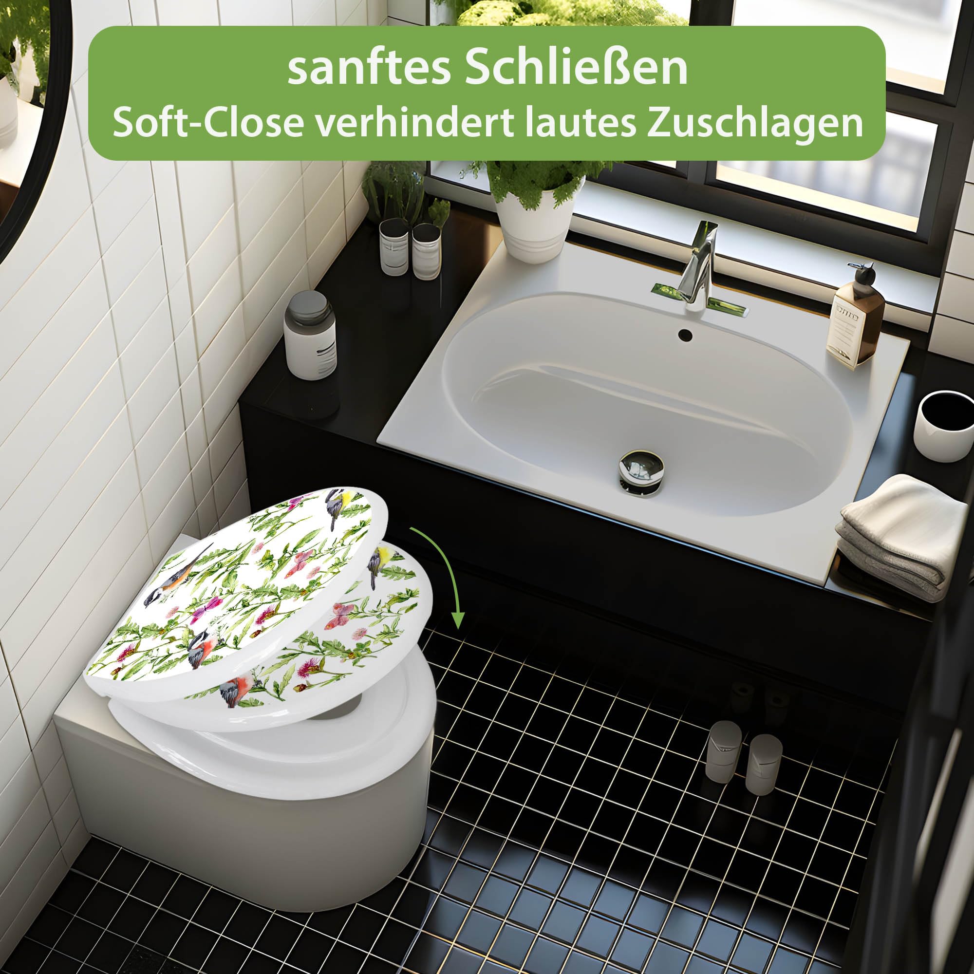 banjado Familien WC Sitz mit Absenkautomatik 44,9x37,1cm - Klobrille mit Kindersitz aus hochwertigem Polypropylen - Toilettendeckel mit Kinder Toilettensitz integriert - Motiv Meisen im Klee