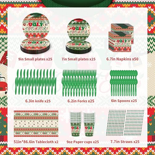 Miniatura 2 de Juego de vajilla de fiesta de Navidad  Sirve 25 suministros de fiesta de suéter feo, platos desechables, mantel, vasos, tenedores, cucharas,