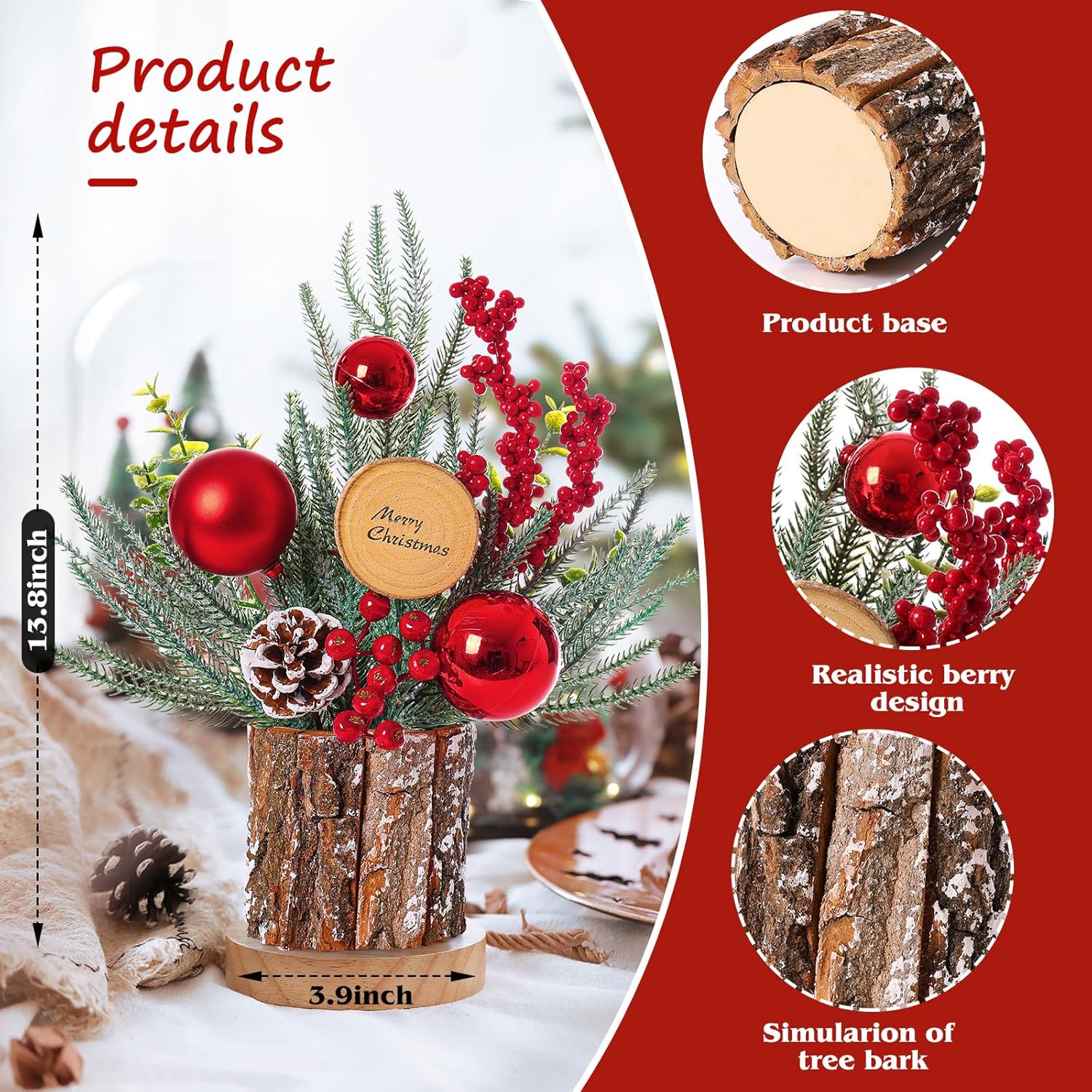 2 Pack Small Christmas Trees, 13.8'' Tall Tabletop Mini Christmas Tree Decorations with Ornaments Pine Cone Berry for Christmas Home Room Indoor Decor