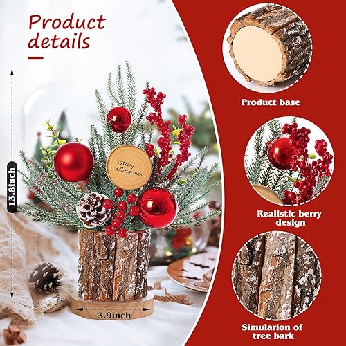 Miniatura 2 de Paquete de 2 pequeños árboles de Navidad, 13.8 pulgadas de alto, mini decoraciones de árbol de Navidad con adornos de piña, bayas de cono de pino