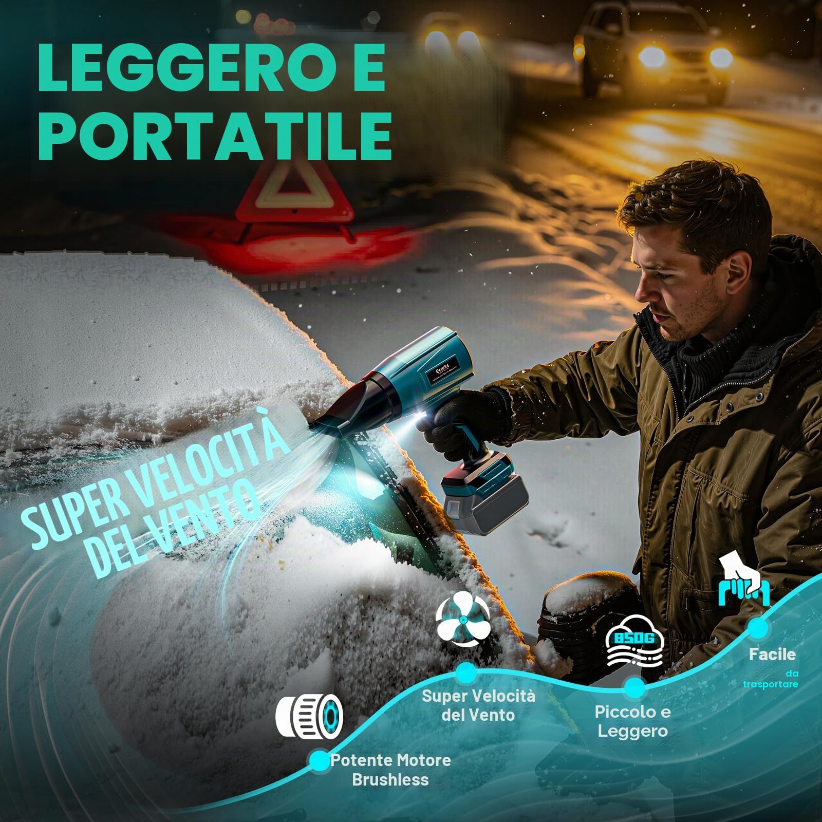 Ecarke Soffiatore a batteria compatibile con Makita 18V, motore brushless 80.000 giri/min, velocità aria 60 m/s & pressione 850 g, soffiatore portatile per foglie, polvere & neve (senza batteria)