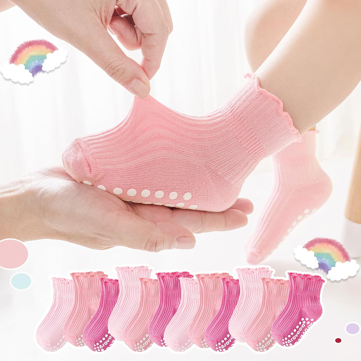 Baby Toddler Girls Socks Grip Ruffle Non Slip Girls Cotton 12 Pack Socks for Kids Cute Ankle 6M-7Years - Image 2