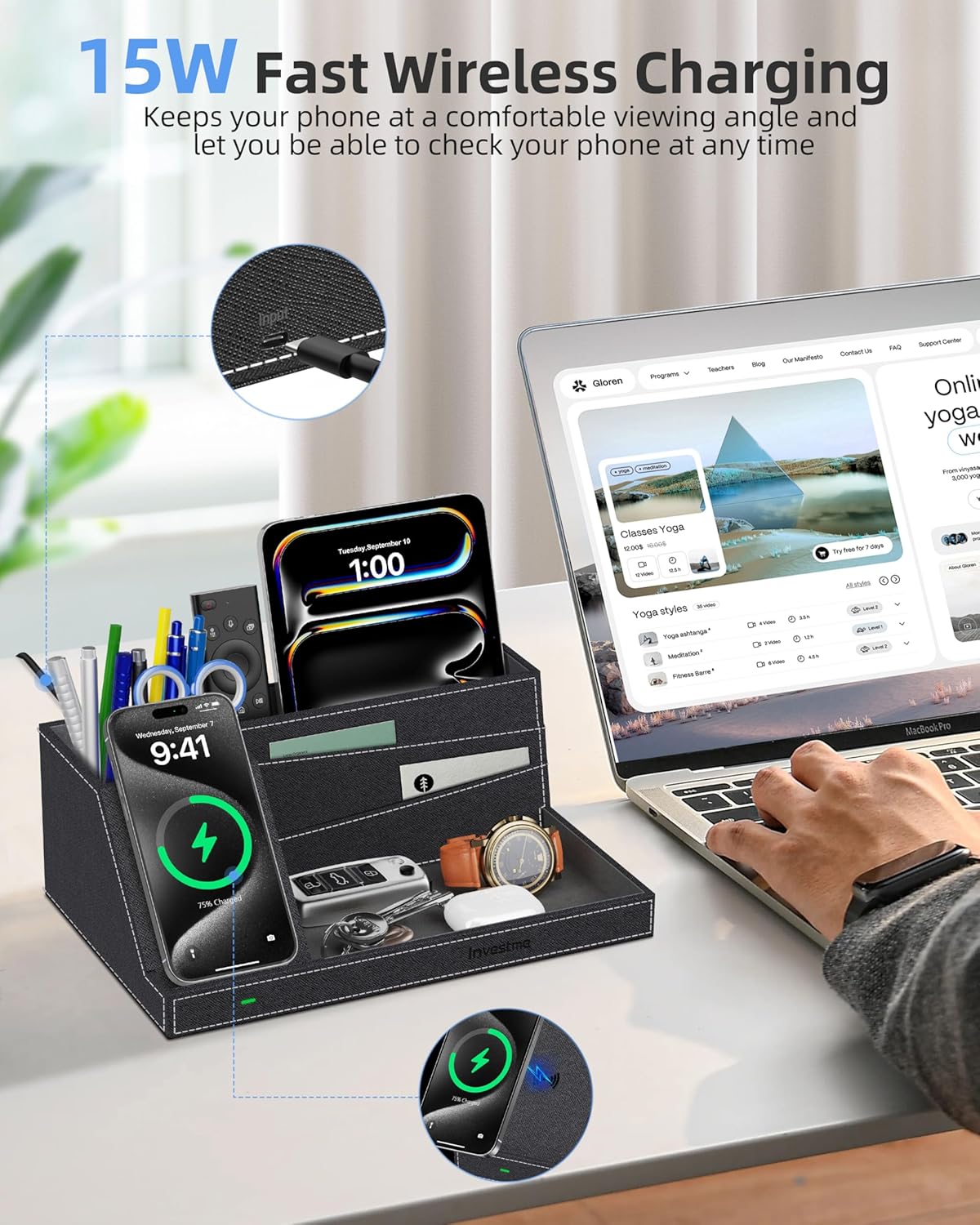 Wireless Charger with Desk Organizer, Fast Charging Station for iPhone 16/15/14/13/12/11 Pro Max, Desk Phone Charger Stand, Desktop Nightstand Organizer Pen Holder for Home Offfice Supplies