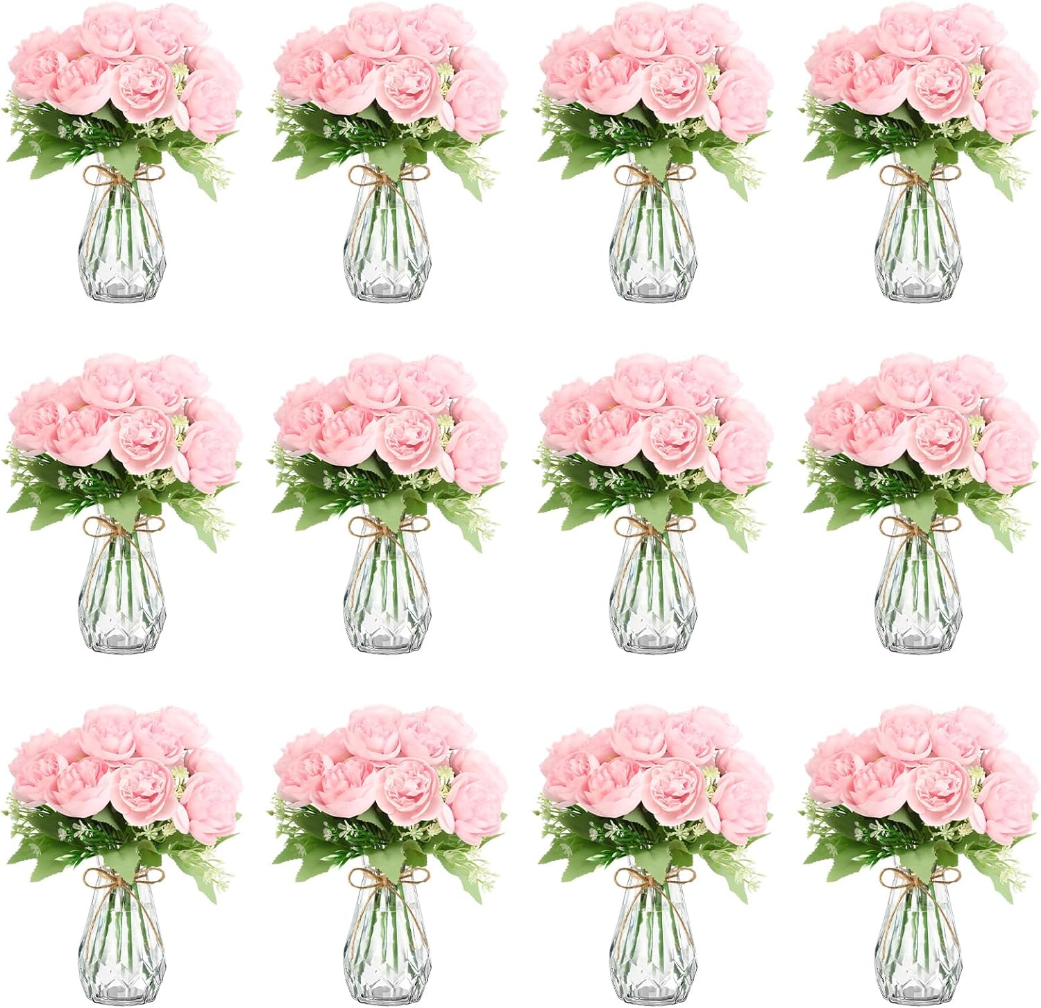 Zeyune 37 Pack Artificial Peonies Flowers with Bud Vase Bulk 24 Bundles Silk Peonies Bouquets 12 Plastic Clear Vase with 1 Rope Fake Flowers for Table Centerpiece Vases(Pink,Round Head) Pink Round Head