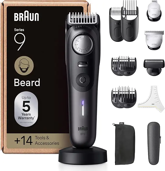 Braun Barttrimmer Series 9, Elektrischer Bartschneider Herren mit 14 Barber-Tools, Ultrascharfe ProBlade Klinge, 180 Min Akkulaufzeit, Kabelloser Bartrasierer, 52 Längen, Wasserdicht, BT9565, Titan