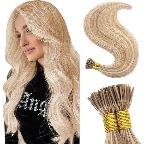 SEGO Pre Bonded Keratin Stick/I Tip Remy Human Hair Extension Cold Fusion Hair Piece for Women Smooth Straight 100 Strands/pack #12P613 Golden Brown&Bleach Blonde 16 inches 50g