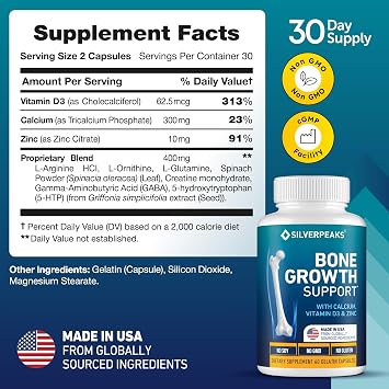 Bone & Natural Growth Support for Kids & Teens - Calcium, Zinc, D3 - 60 pcs