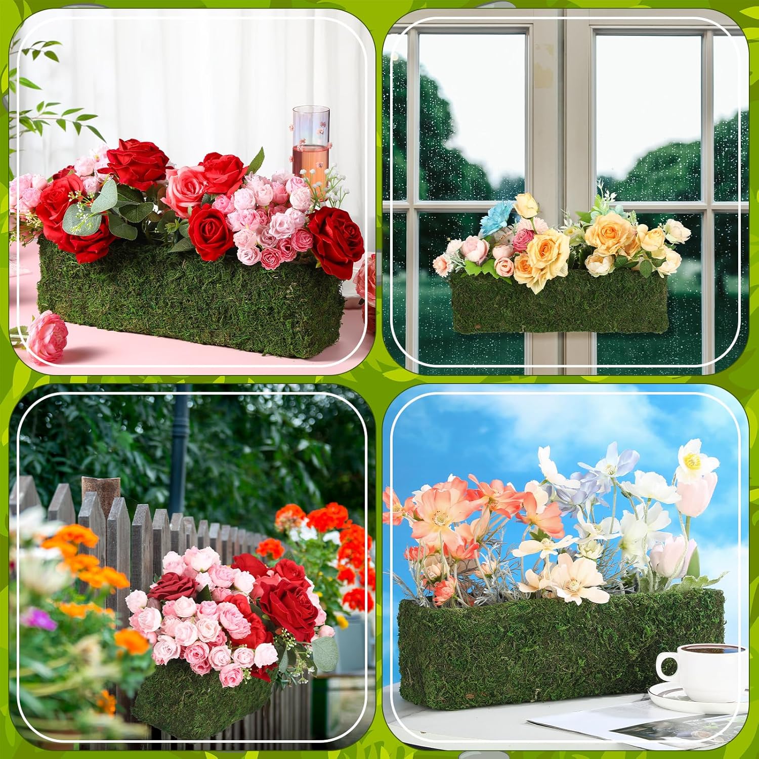 Maxdot 4 Pack Moss Window Box Planters, 16 Inch Rectangular Decorative Planter Boxes with Plastic Liner, Indoor Outdoor Window Sill Planters for Flowers, Herbs, Easter Spring Home Garden Decor
