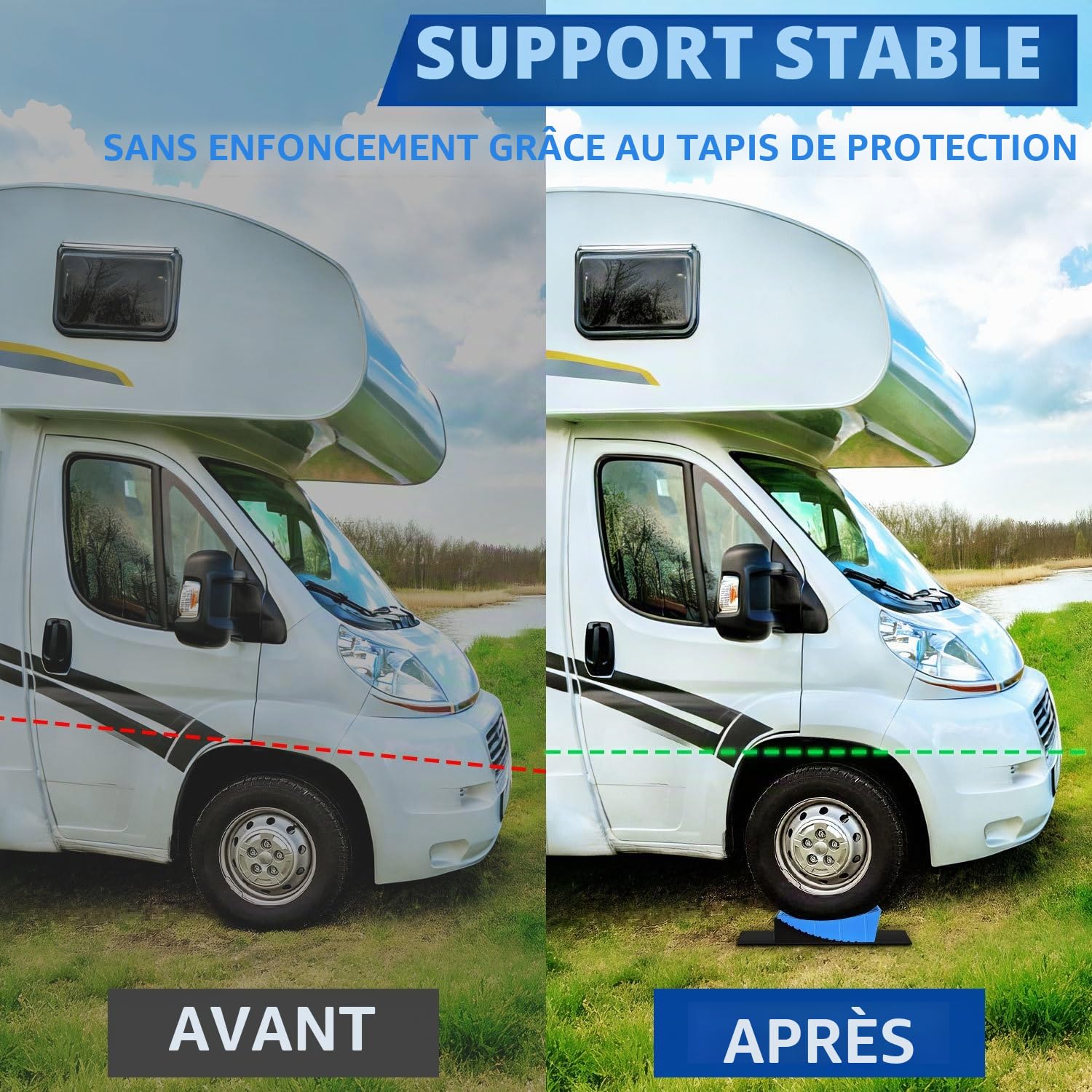 Lot de 2 cales de levage pour camping-car 13,5 t - 8 niveaux de compensation de hauteur de 2 à 10 cm - Double système antidérapant en polyéthylène haute densité - Avec tapis en caoutchouc et niveau à
