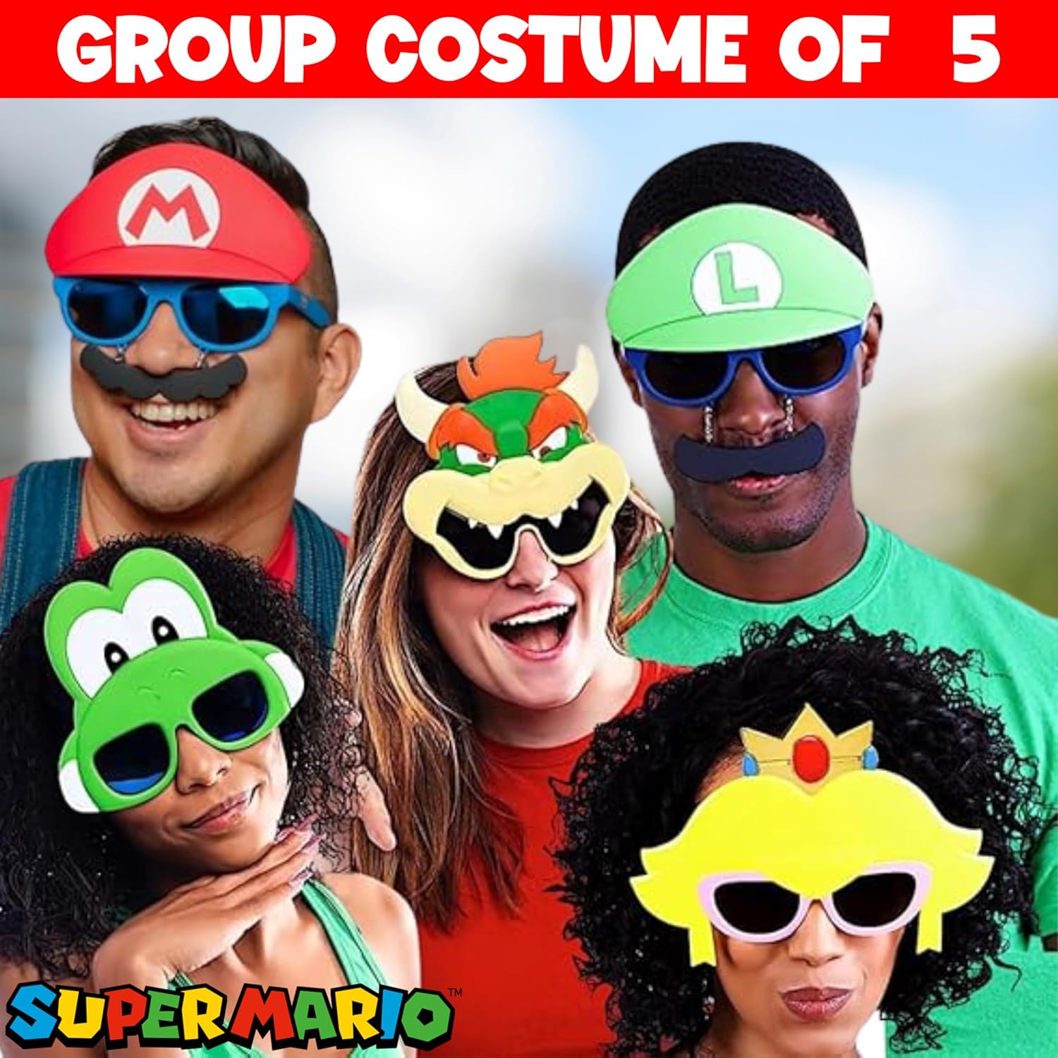 Sun-Staches Official Super Mario Sunglasses | Mario Luigi Peach Bowser Yoshi Wario or Waluigi Costume Accessory | Fits Most