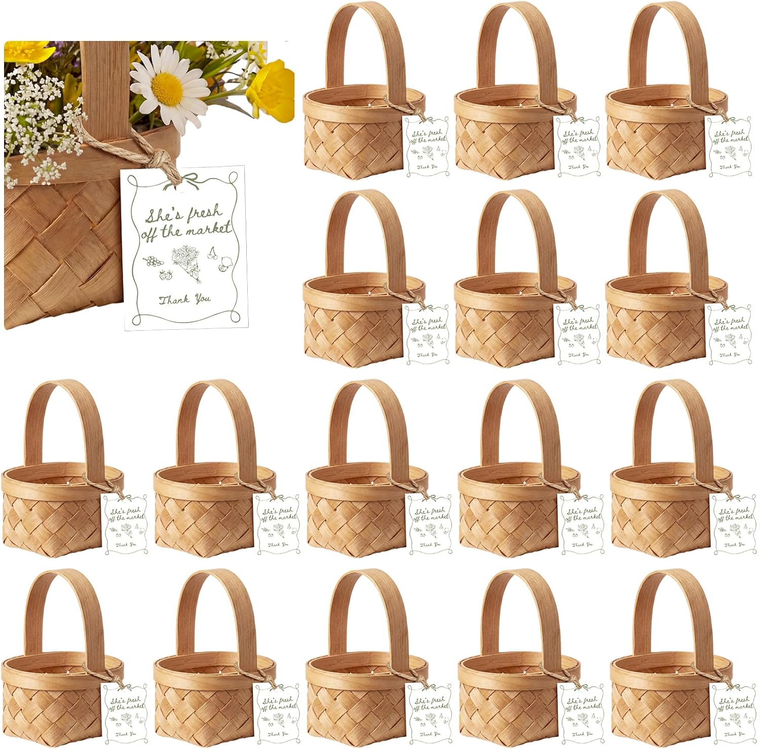 LemonRoad 20 Sets She's Fresh Off The Market Mini Wooden Woven Basket with Card Wood Mini Flower Fruit Picnic Chip Basket for Wedding Bridal Shower Birthday Baby Shower Favor Gift(Small)