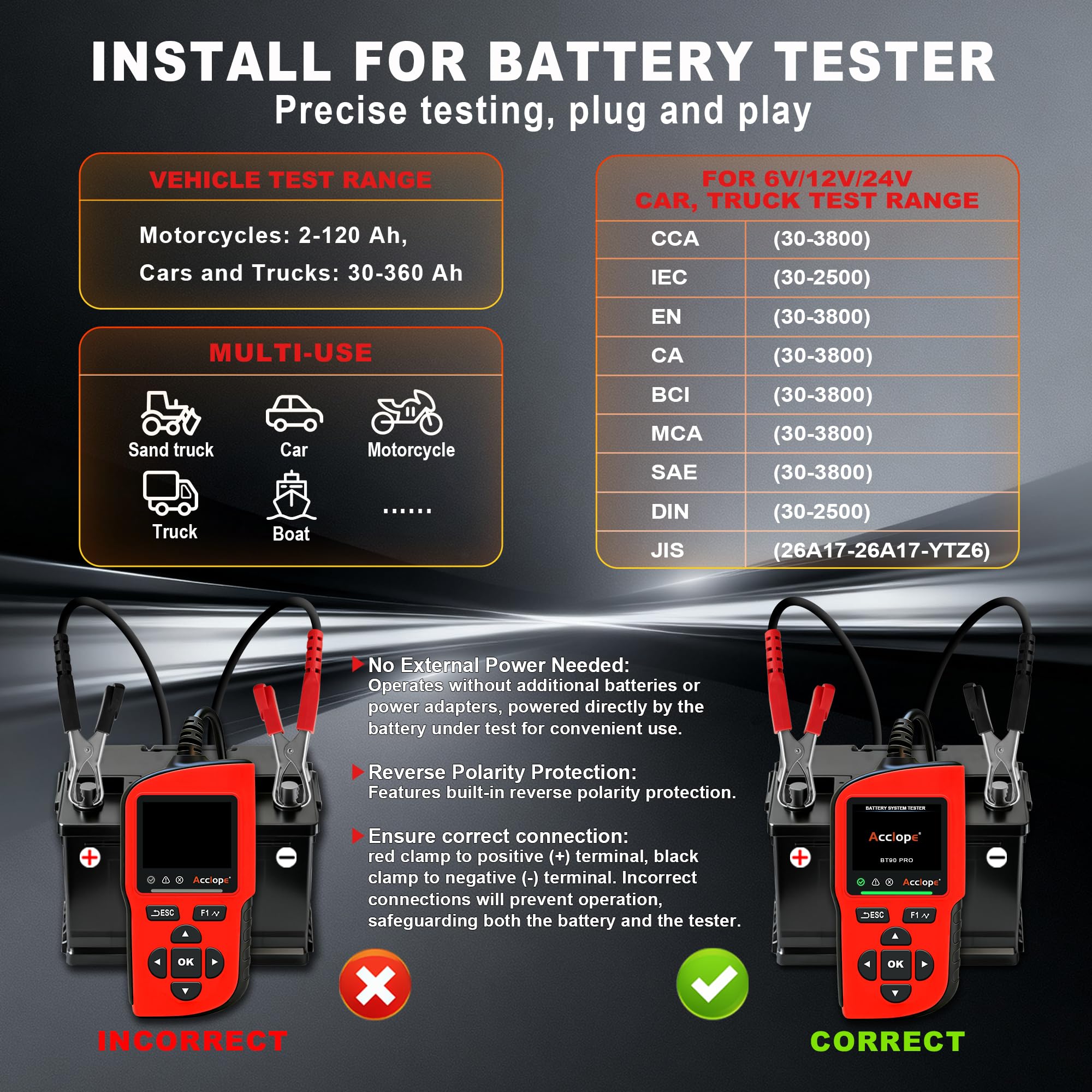 BT90 PRO - Tester per batteria, 6 V/12 V/24 V, per AGM/EFB/GEL/LiFePO4, 2 – 360 Ah, 30 – 3800 CCA, con stampa cloud, test di avviamento, nero, SAE/EN/IEC/CA/MCA, SOH/SOC/tensione/resistenza