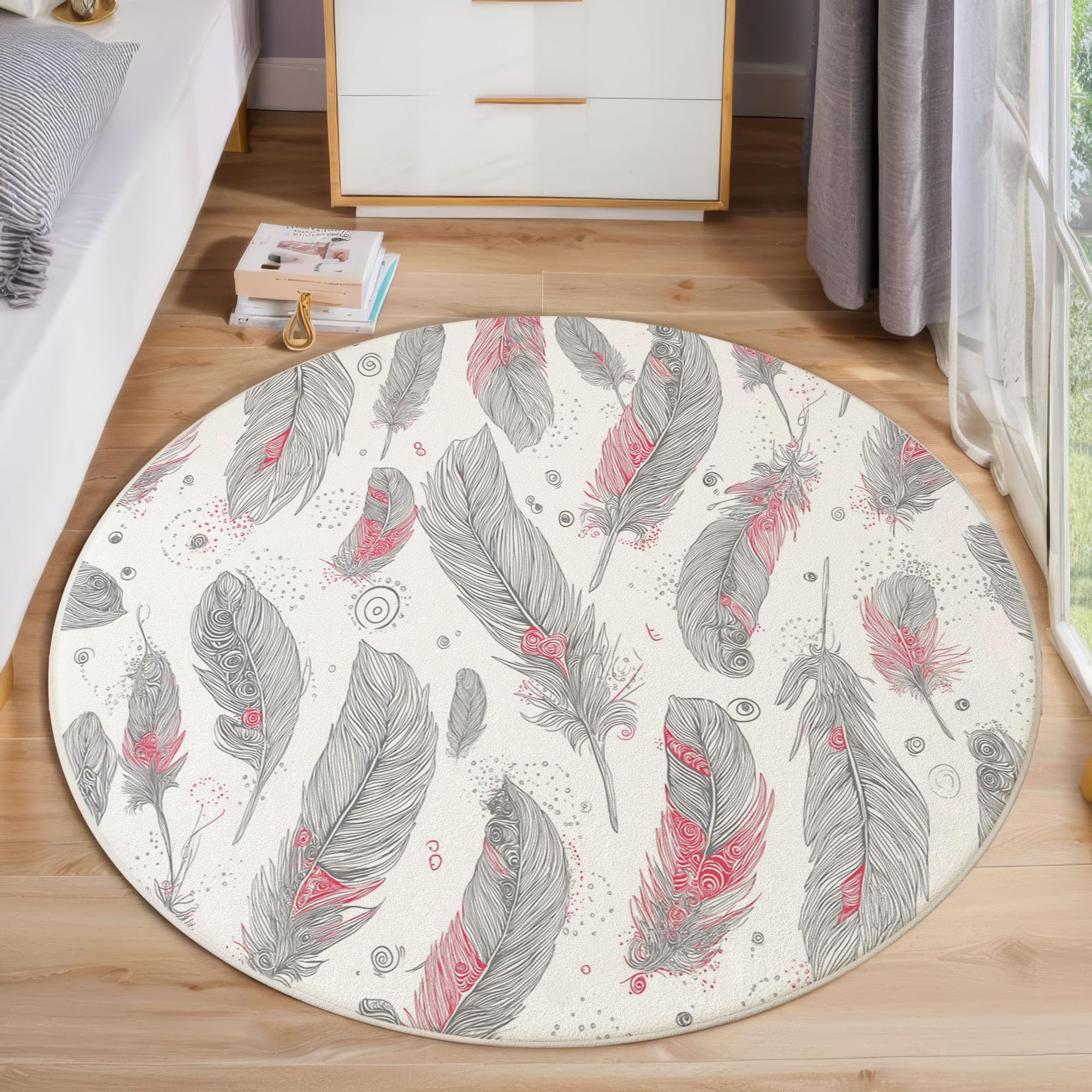 Tapis antidérapant lavable rond 80cm style bohème imprimé plumes rose