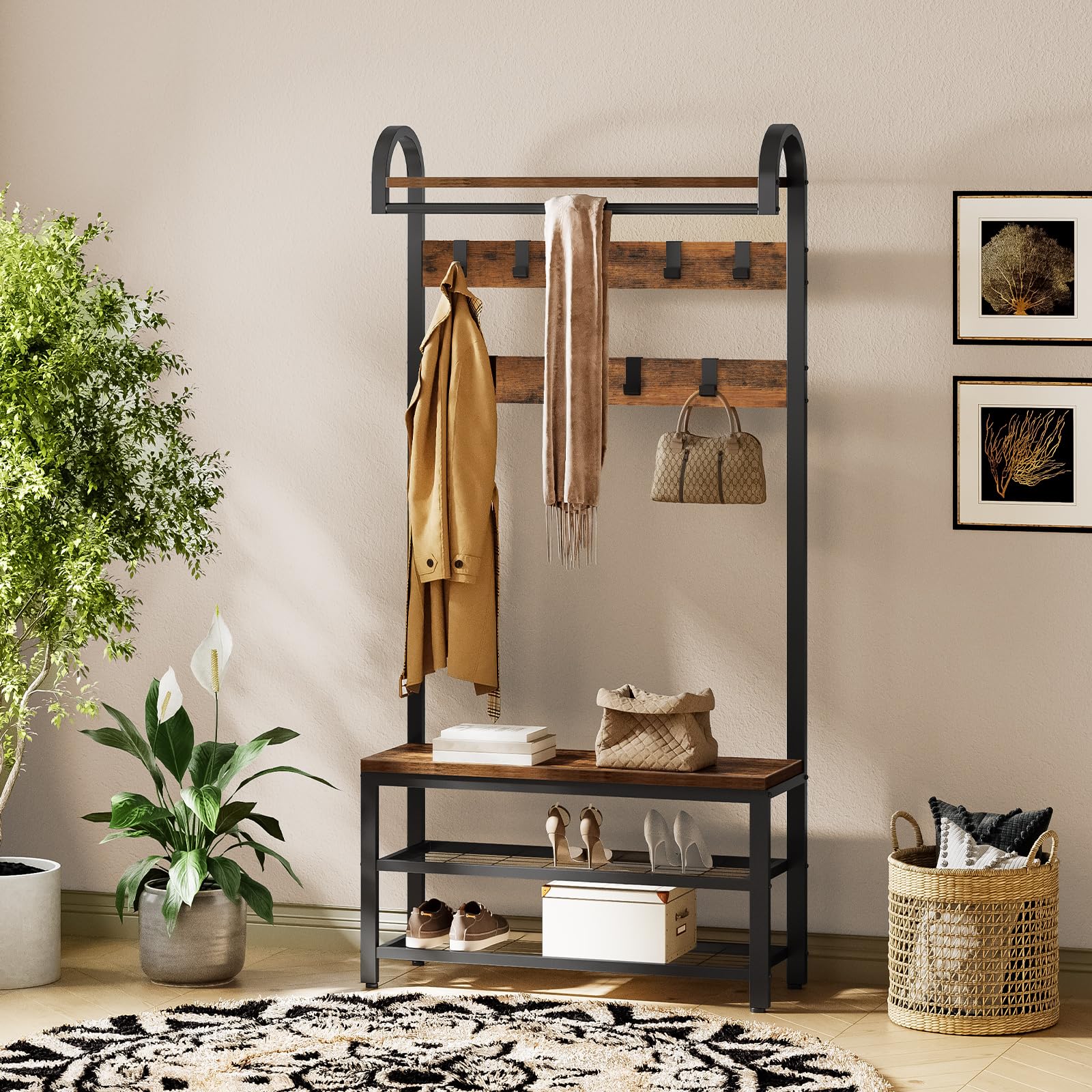 HOOBRO Garderobe, Garderobenständer, Schuhregal mit Sitzfläche, Kleiderständer mit 9 Haken, Sitzbank, Kleiderstange, 182 cm hoch, Flur, Wohnzimmer, Metallrahmen, vintagebraun-schwarz EBF13MT01