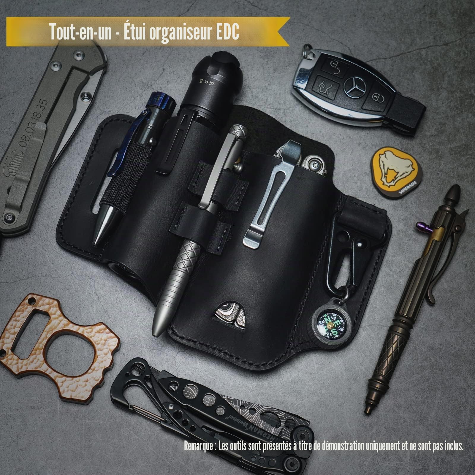 VIPERADE PJ35 EDC Gaine en Cuir Gaine Multi-Outils avec 3 Poches, étui à Outils Gaine de Ceinture de Couteau Gaine de Lampe de Poche pour multioutils/Gaine de Couteau pour Leatherman-Noir