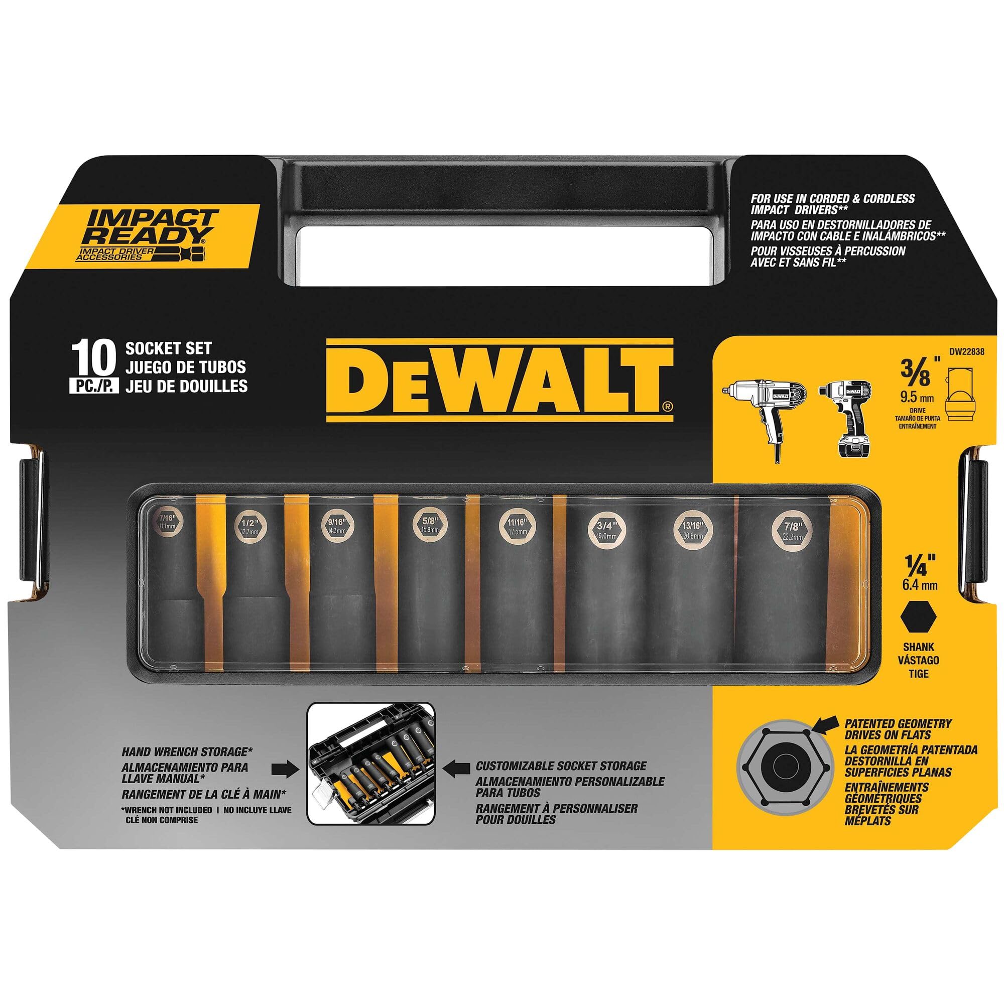 DEWALT Jeu de douilles à choc SAE, 3/8", 10 pièces (DW22838)