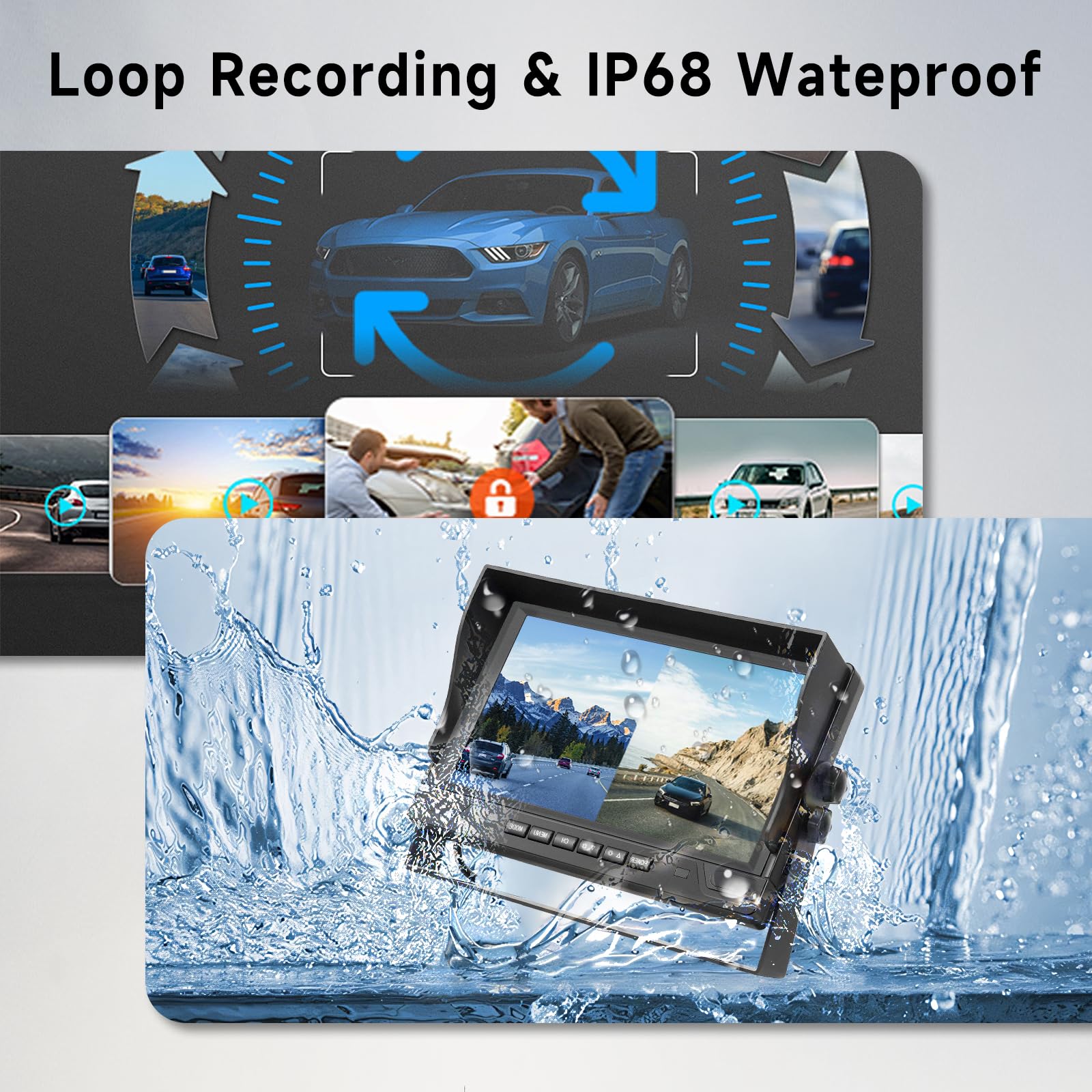 Podofo 2 caméras de recul sans Fil avec écran 9" IPS, caméras de recul HD pour Camion, remorque, Camping-Car, Bus, Enregistrement en Boucle, IP68, étanche BSD Dash Cam