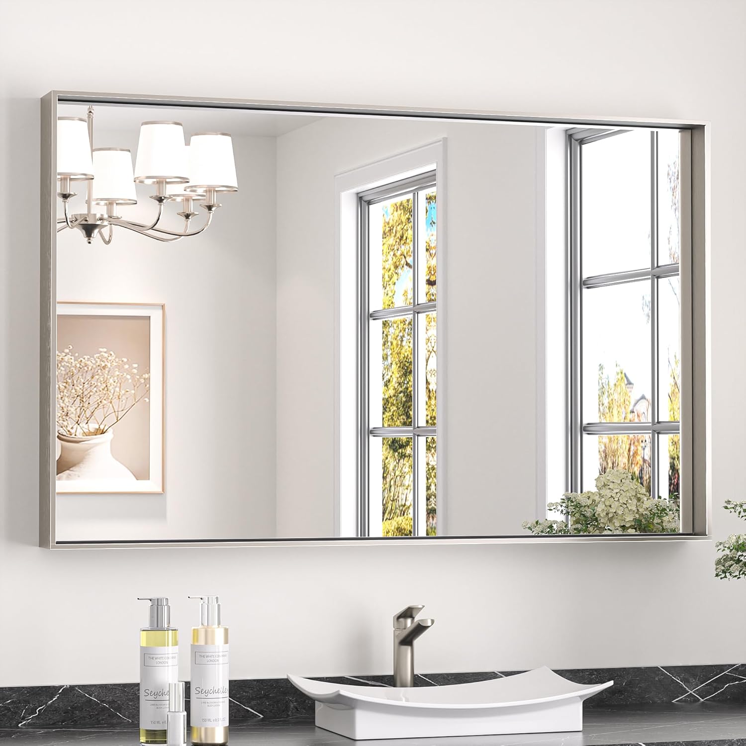 keonjinn 16 x 24 in brushed nickel bathroom mirror for wall, silver rectangular metal framed vanity mirror for bathroom sink square corner aluminum alloy modern rectangle mirror(horizontal/vertical) brushed nickel 24\"l x 16\"w