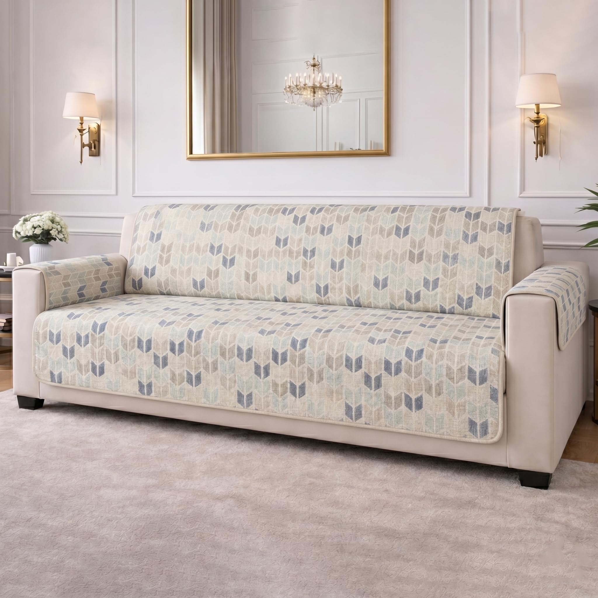 STITCHNEST 'CloudFeel Series' Quilted Printed Velvet Sofa Cover for 2 Seater | Premium Soft Velvet Sofa Protector | Beige Blue Geometric Leaf Pattern Design with Armrest Pockets | Furniture Cover