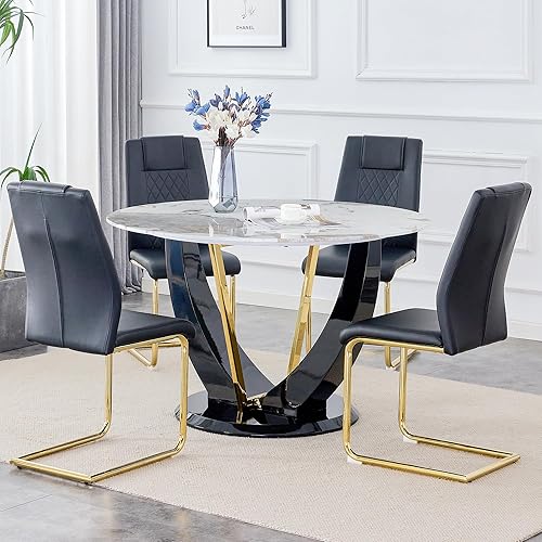 Miniatura 10 de JUFU Juego de mesa redonda de comedor para 6 con sillas, juego de mesa y sillas de 48" compuesto por 6 piezas con superficie de mármol y asiento
