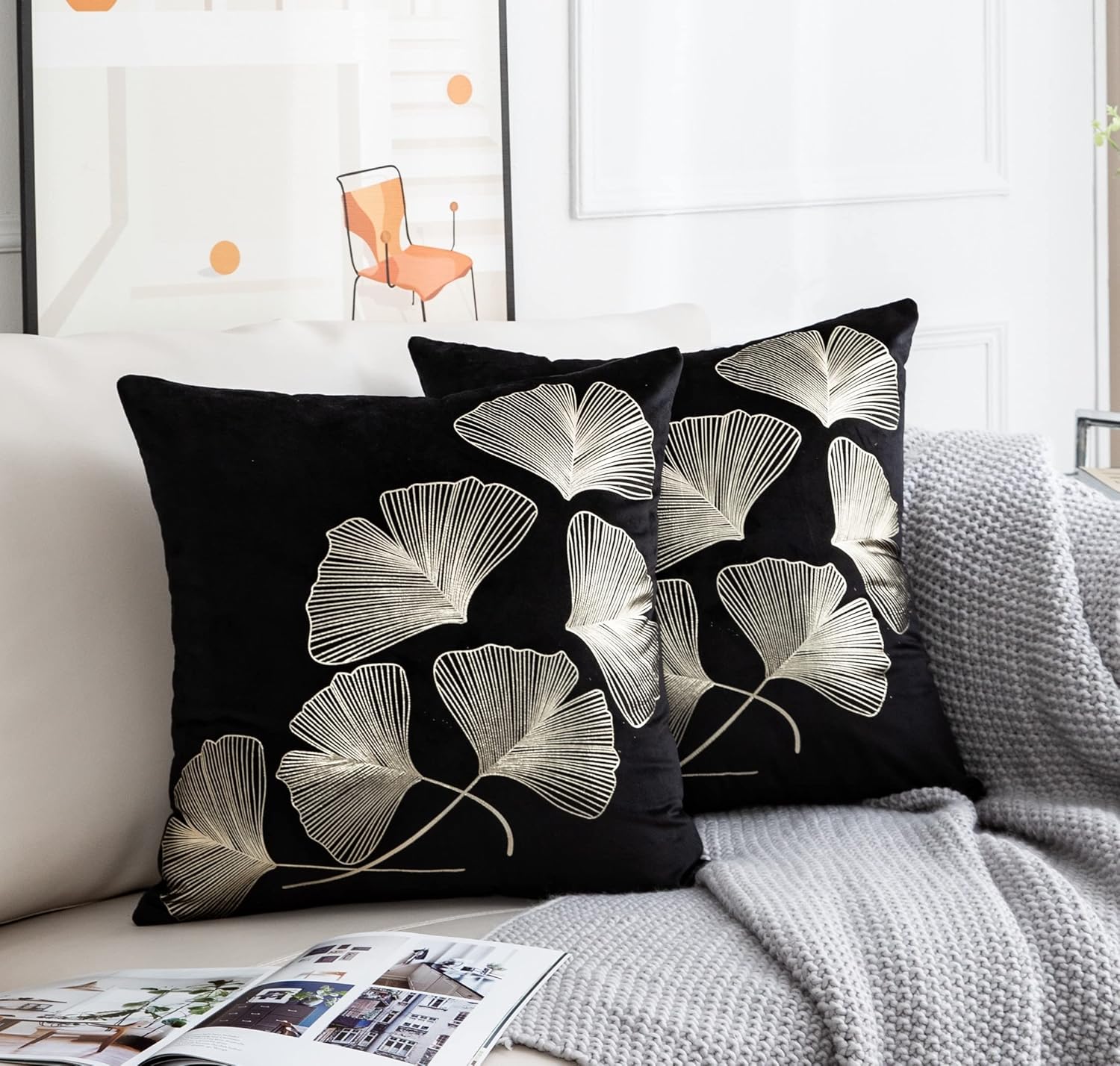 Decor Ur Space Gold Ginkgo Leaf Pattern Solid Velvet Pillow Cover Set of 2 20 x 20 Black