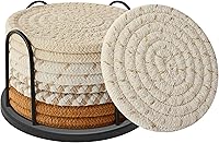 Lazebox Absorbent Cotton Woven Coasters Set of 8 with Holder - Boho 4 Colors for Drinks, Beer, Coffee Table Protection & Home Decor