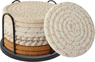 Lazebox Absorbent Cotton Woven Coasters Set of 8 with Holder - Boho 4 Colors for Drinks, Beer, Coffee Table Protection & Home Decor