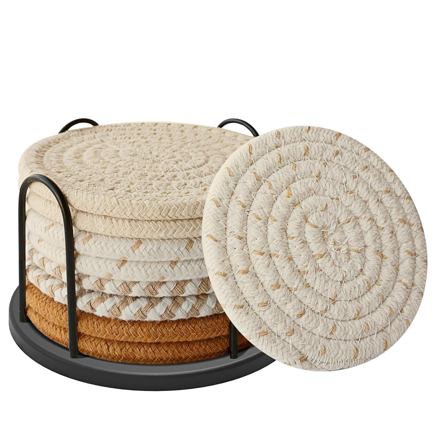 Lazebox Coasters Set of 8 for Drinks Beer Coffee Cotton Woven 4 Colors Absorbent Coaster with Holder Boho