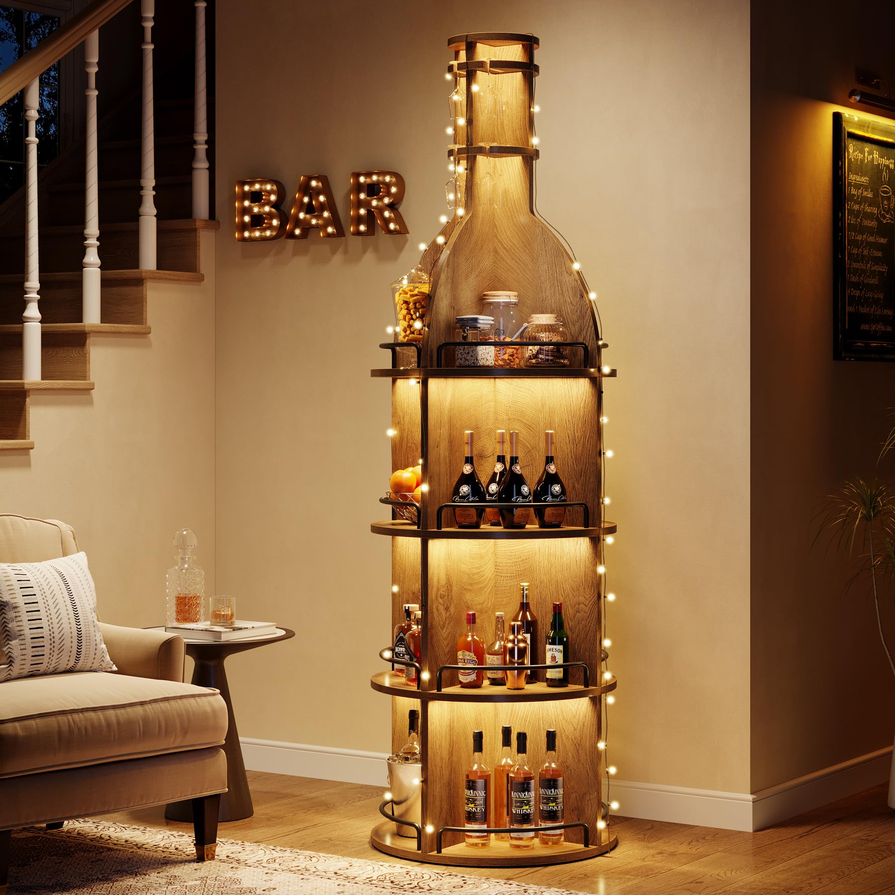 Tribesigns Étagère à Vin avec Tablettes de Rangement, 190 cm Casier à Vin Industriel Rond avec Porte-verres Suspendu, Présentoir à Bouteilles Autoportant pour Salon, Cave, Marron (Sans Éclairage, 1PC)