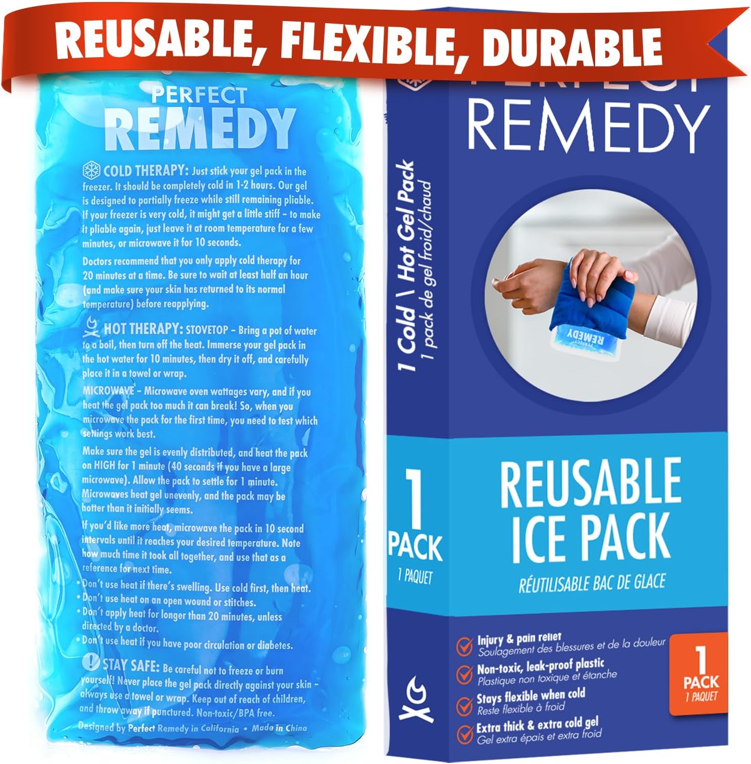 Reusable Gel Ice Pack for Hot and Cold Compress, Ice Packs for Injuries Reusable Gel, for Injury Recovery and Muscle Pain Relief (1-Pack, Blue, Regular)