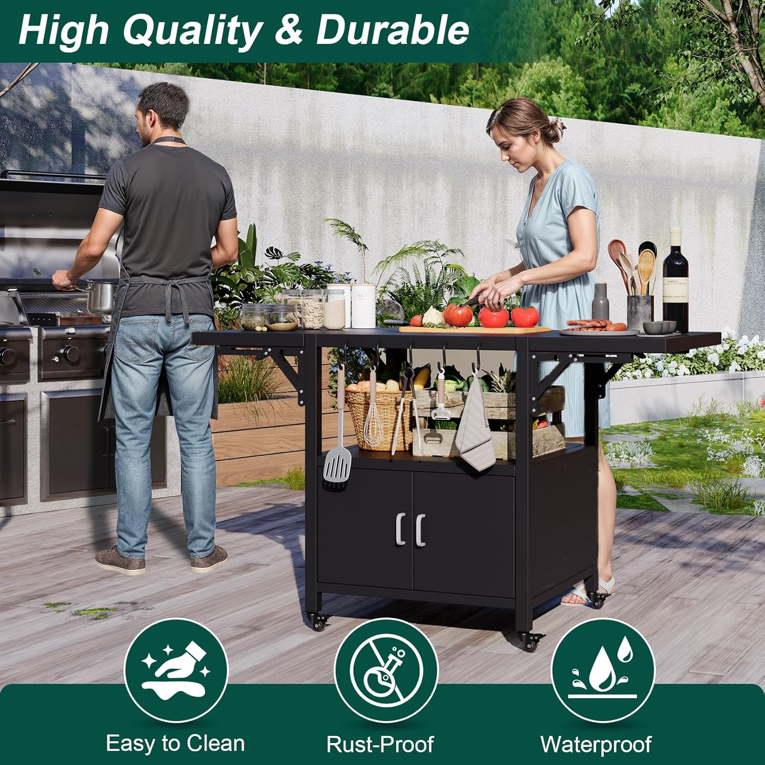 59" L Outdoor Grill Table for Big Green Egg Accessories, Heavy Duty Metal Cart Prep Table with Detachable Desktable, Hooks, Removable Central Cover, Compatible with Egg Grill and Tabletop Griddle