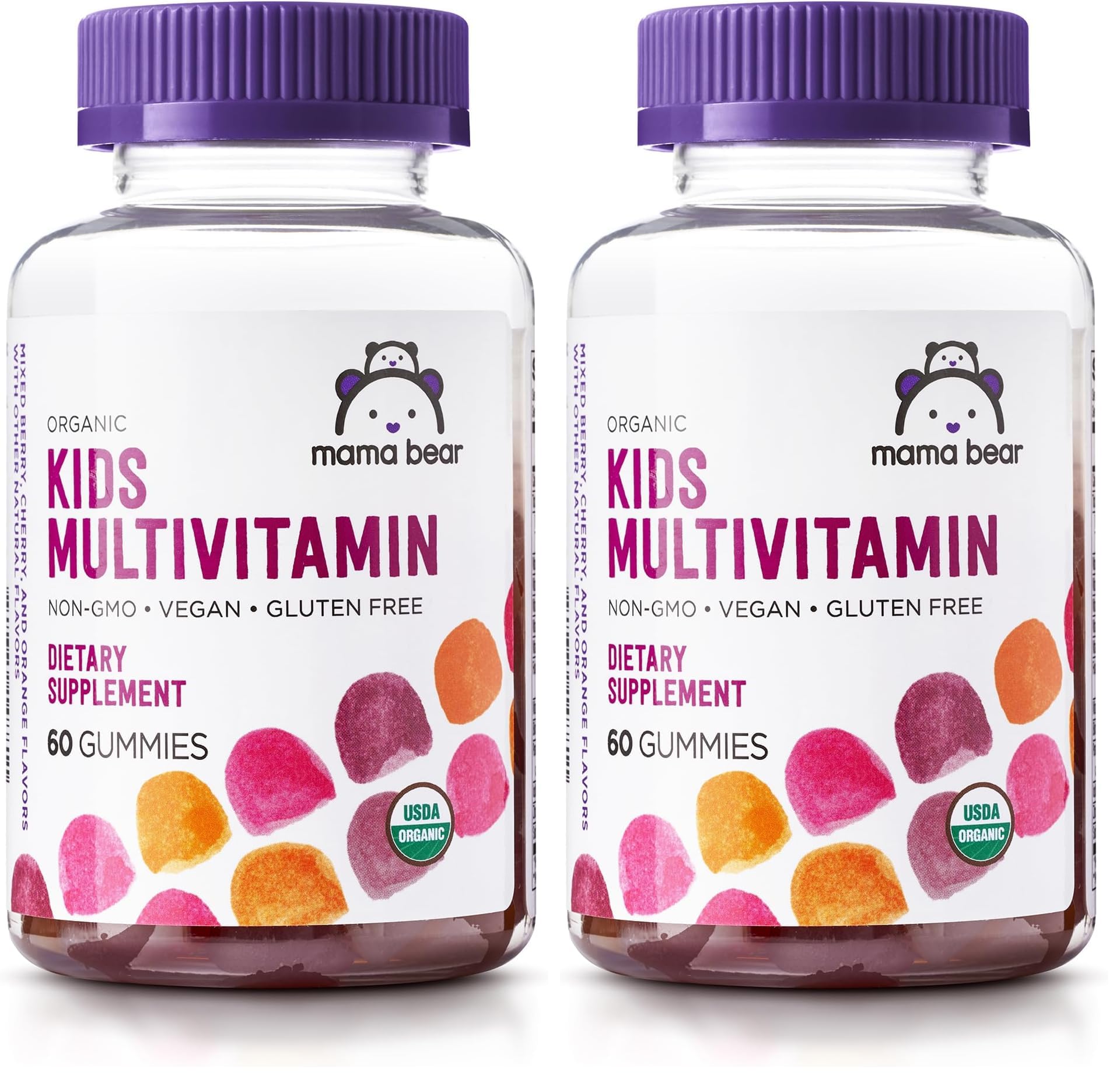 Amazon Brand - Mama Bear Organic Kids Multivitamin, 60 Gummies, 1 Month Supply (Packaging May Vary), Berry, Cherry & Orange (Pack of 2)