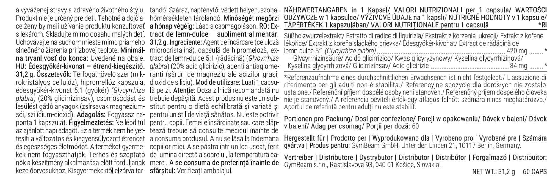 GymBeam Estratto di Liquirizia - Standardizzato 5:1 (84 mg Acido Glicirrizico per Dose) per Digestione, Sistema Immunitario e Benessere Mentale, Vegano, 60 cps