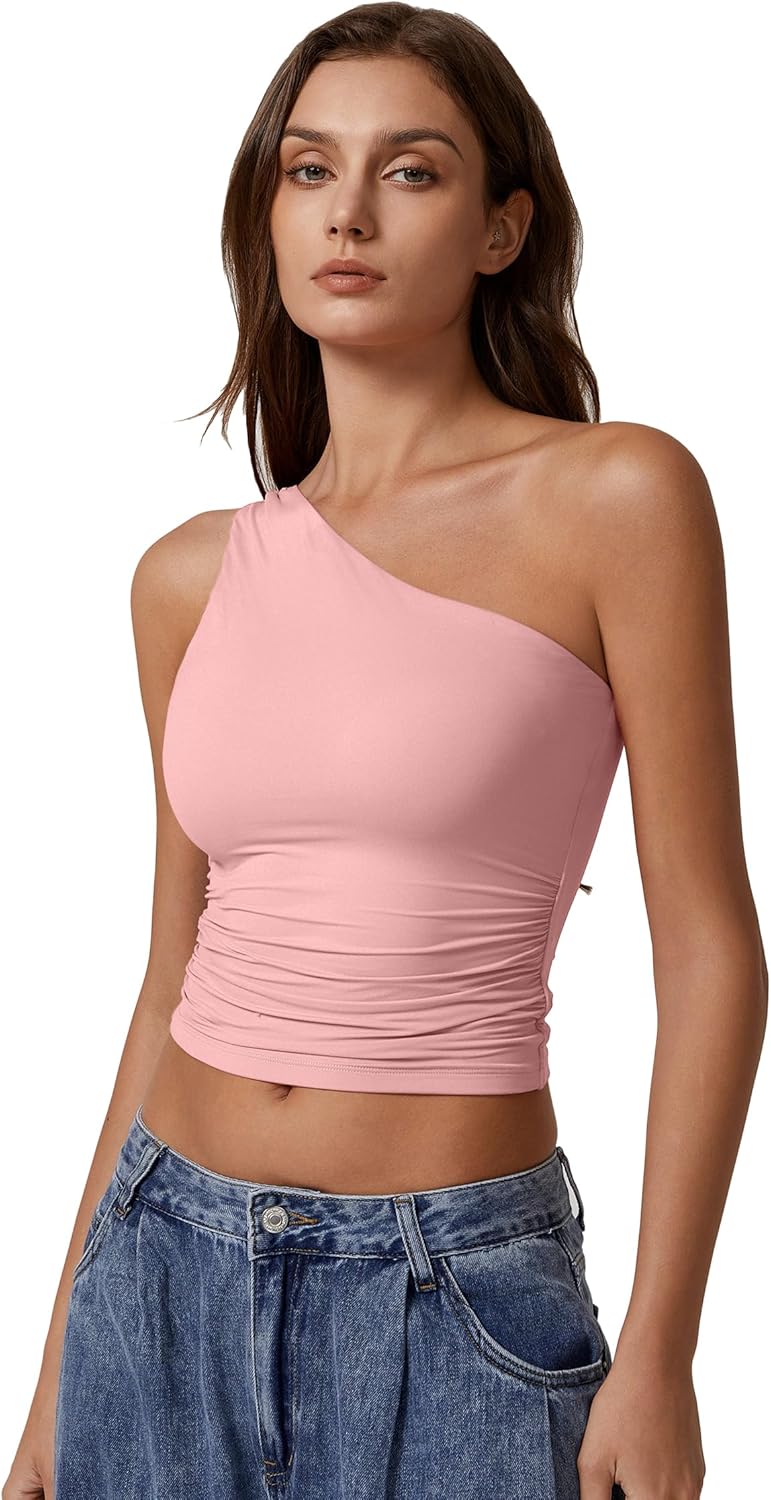 QINSEN Women's One Shoulder Tank Tops Double Lined Sleeveless Slim Fit Cropped Tee Shirt Y2k Tops - Image 3