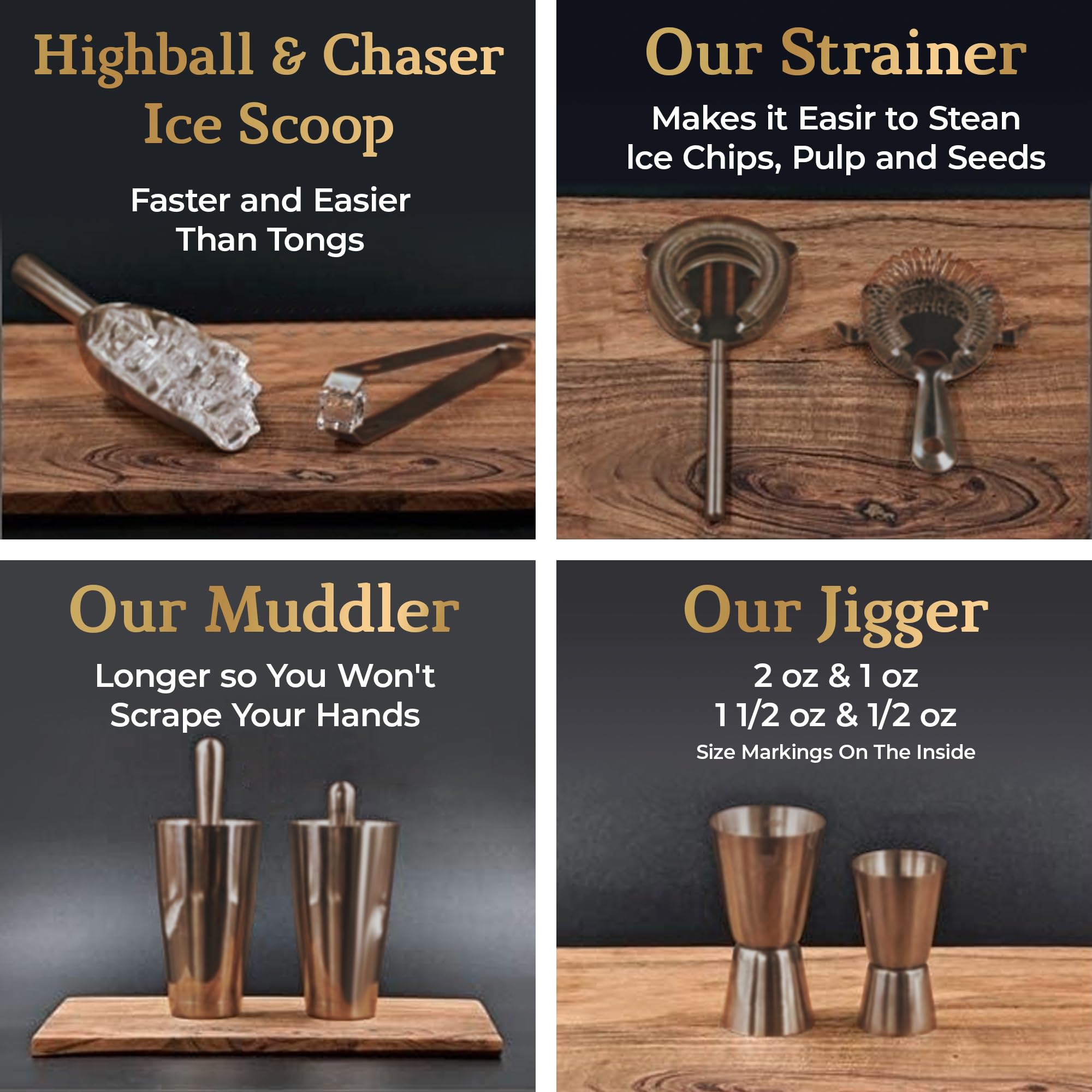 Highball & Chaser Kit de Barman con Soporte de bambú Espresso. Hermoso Juego de coctelera con Herramientas de Barra de Acero Inoxidable (Cobre Antiguo)