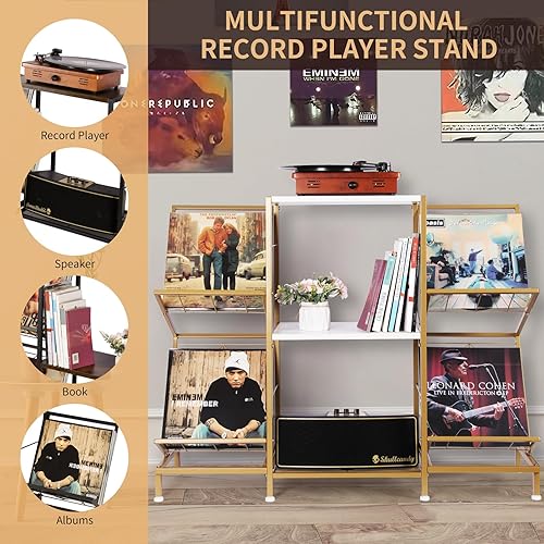 Miniatura 3 de Soporte para tocadiscos con almacenamiento de discos de vinilo, soporte para tocadiscos con estante de exhibición de vinilo de 4 niveles y marco de