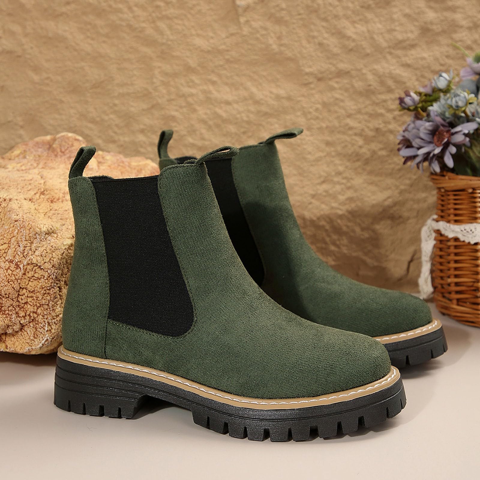 Petite - Botines de gamuza para mujer, de moda, estilo Chelsea, para invierno, hasta la rodilla, tacón de bloque, para días lluviosos, viajes, oficina, por encima de la rodilla, verde oscuro, 39.5 EU