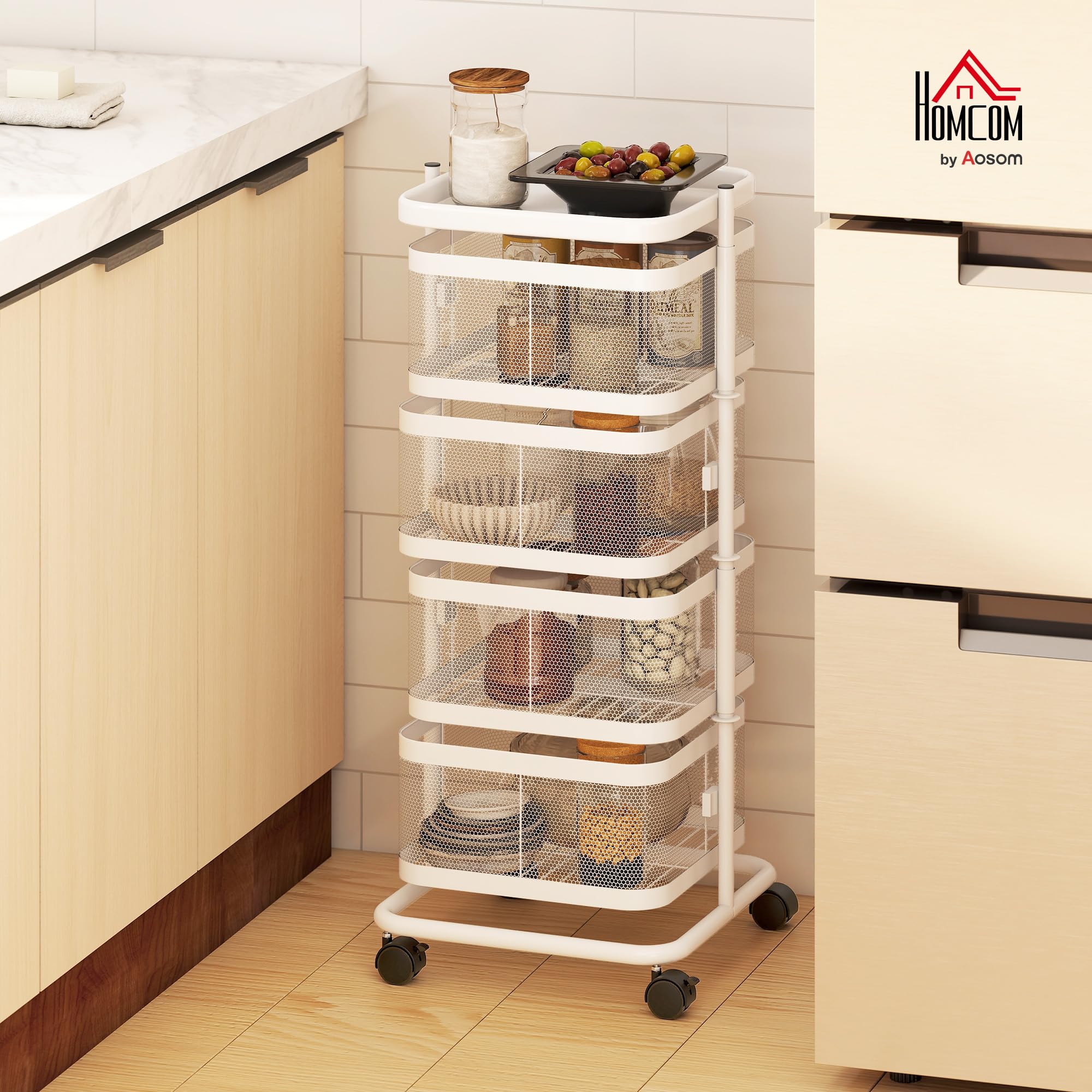 HOMCOM Resserre 4 paniers rotatifs sur Roues, Chariot de Rangement de Cuisine, Panier à légumes et Fruits avec Plateau supérieur, étagère en Fil d'acier, pour Cuisine, Salon et Chambre, Blanc