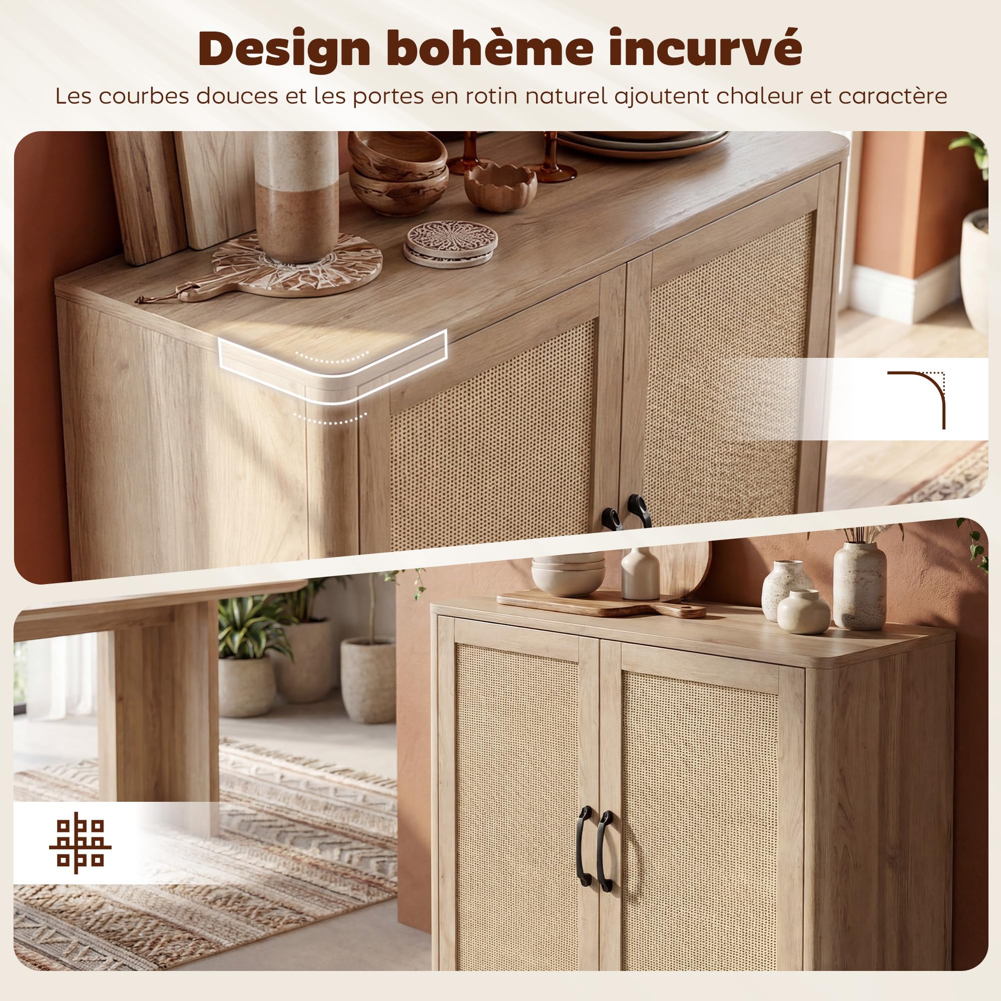 HOMCOM Aparador Salón 2 Puertas de Ratán Estilo Bohemio 76 x 35 x 75,5 cm Roble | Mueble de almacenamiento, estante ajustable, bordes redondeados, aparador, comedor y cocina