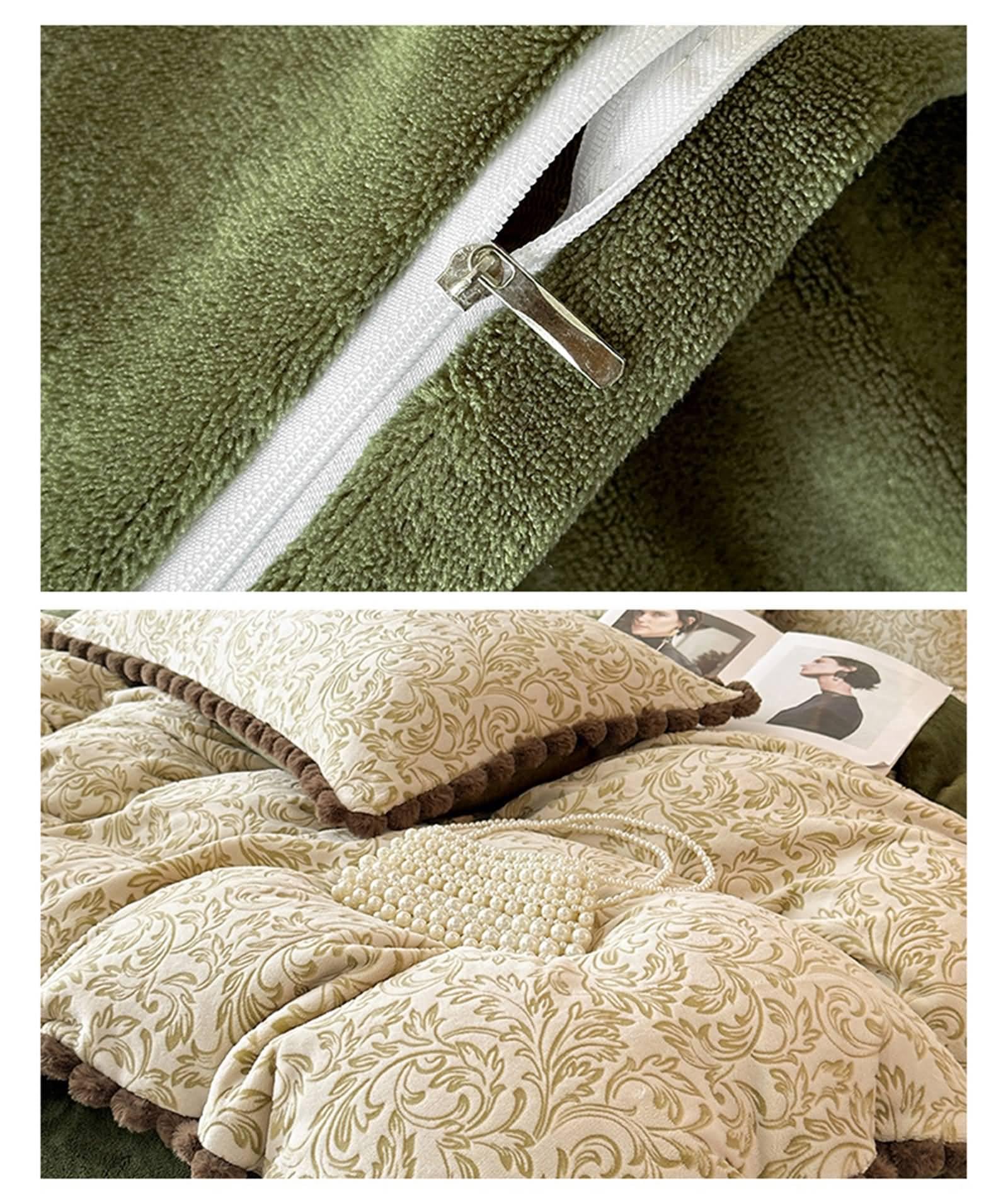 Gualiy 4-częściowy zestaw pościeli z aksamitną teksturą paisley, zawiera 1 poszewkę na kołdrę 200 x 230 cm z zamkiem błyskawicznym, 2 poszewki na poduszki, 1 prześcieradło płaskie, zielony