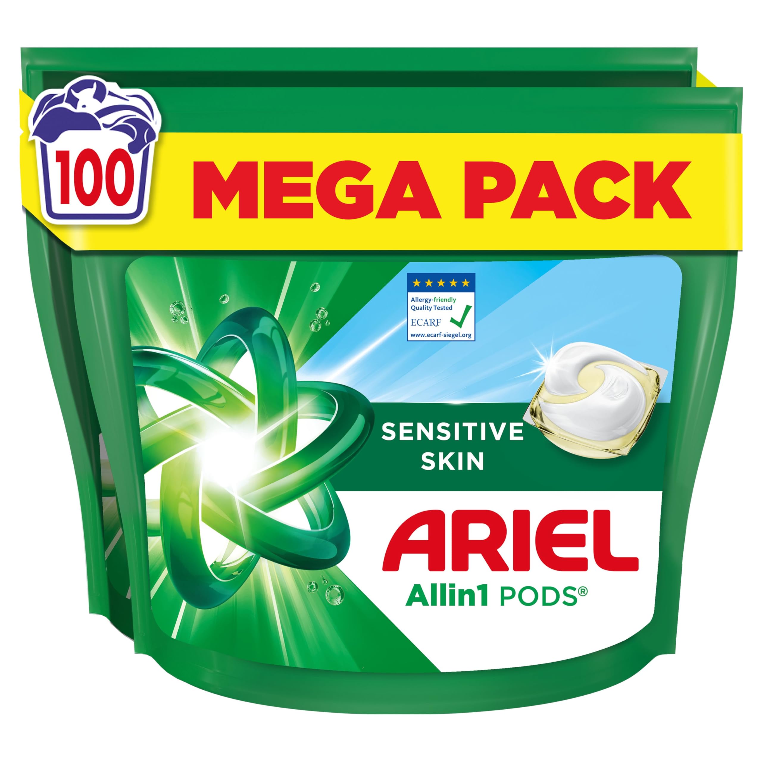 Ariel Allin1 PODS Kapsułki Kapsułki do prania ze środkiem piorącym w płynie, 100 prań, Sensitive, Wyjątkowa miękkość dla skóry wrażliwej