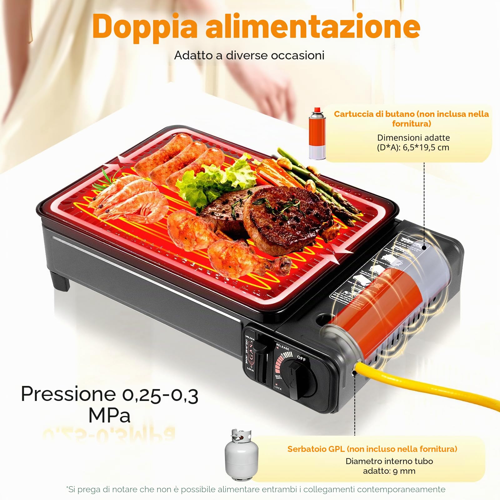 Barbecue a gas da campeggio, barbecue a gas con rete per barbecue, pinza per alimenti e teglia, griglia a gas portatile con valigetta di immagazzinaggio, fornello da campeggio, cucina