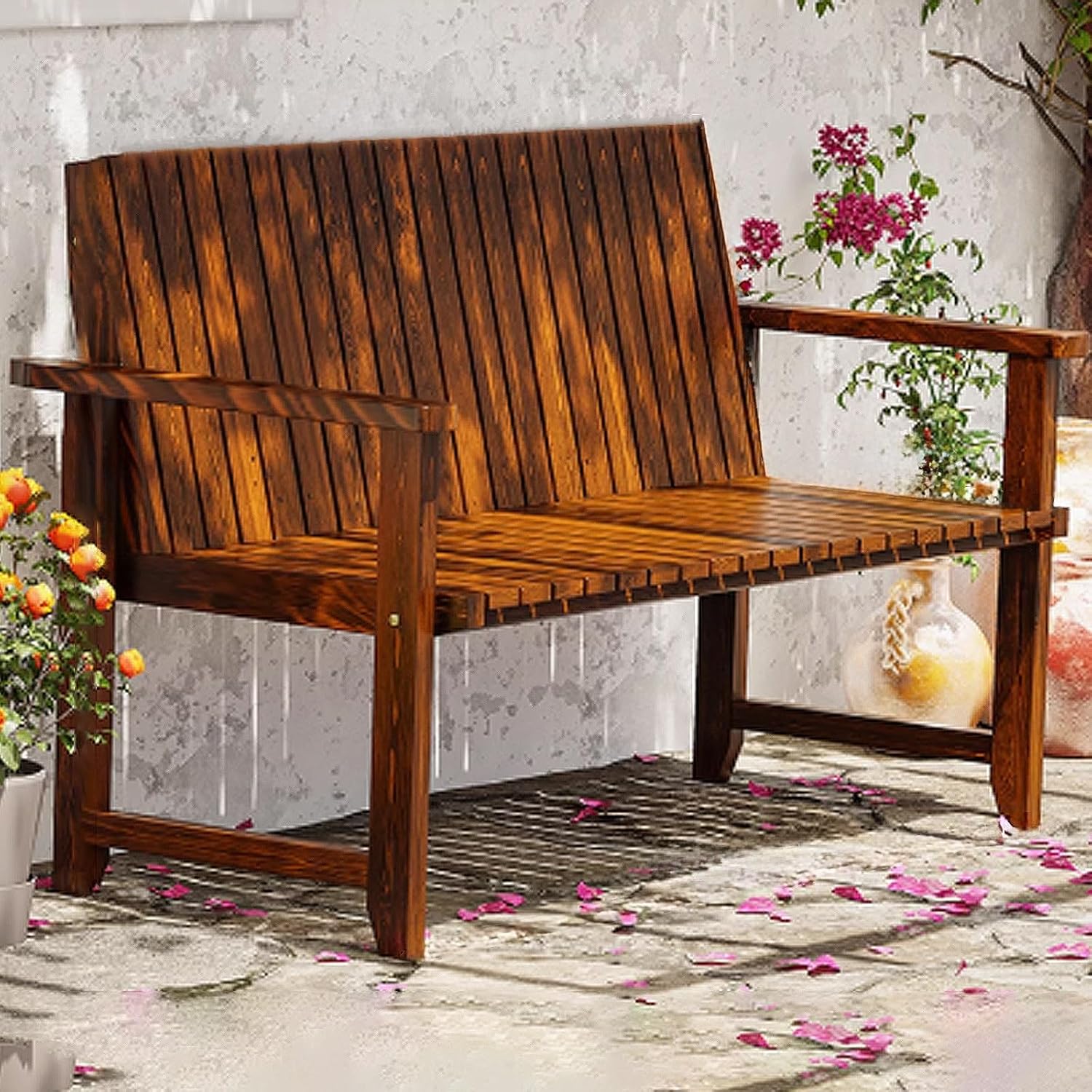 Garden Bench, Park Benches, Patio Bench, Front Porch Seating Bench, Wood Outdoor Bench Weatherproof for Sunroom, Front Porch, Entryway(Brown,120x50x90cm)