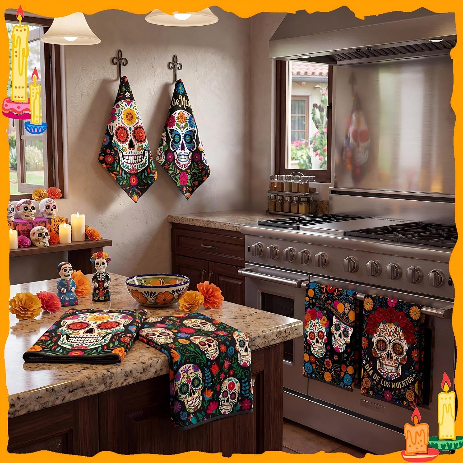 Breling 6 Pack Day of the Dead Kitchen Towels Halloween Sugar Skulls