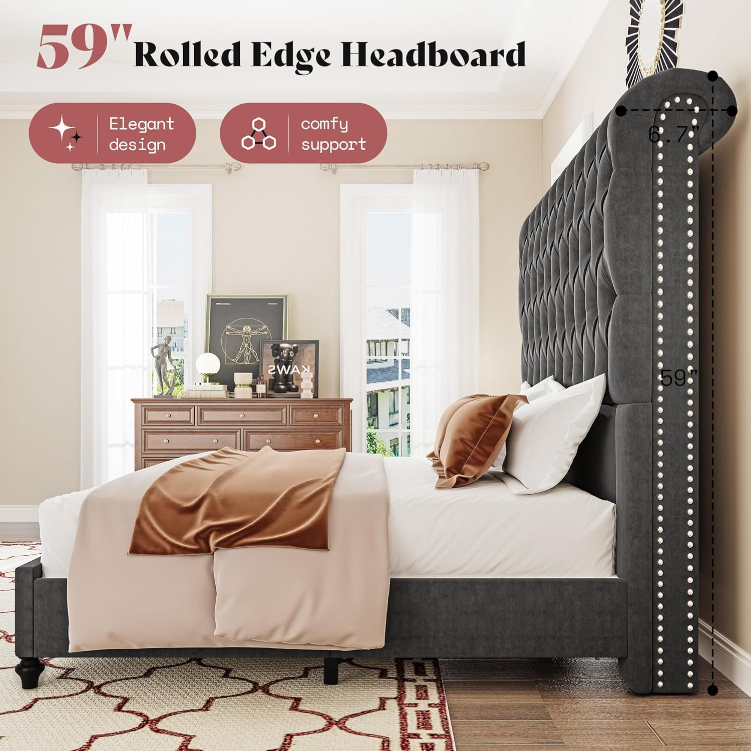 Close-up of the velvet upholstered headboard with deep tufting.