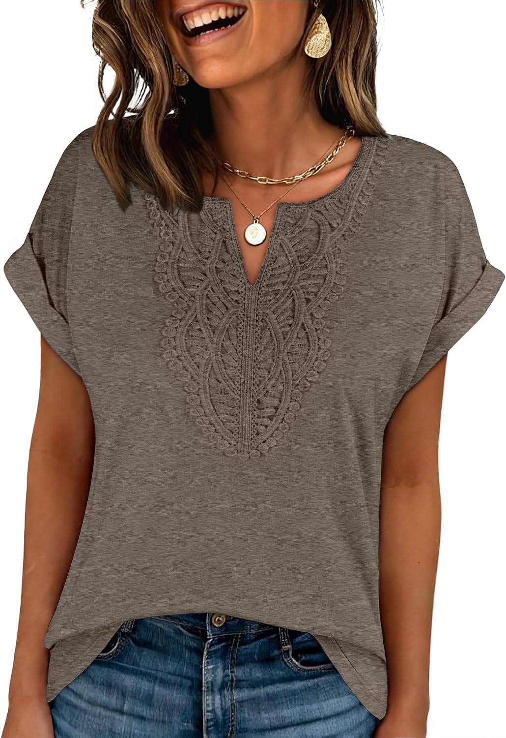 ANRABESS Womens Short Sleeve Tops Boho V Neck Lace Shirts Dressy Casual Blouses Summer Cute Tunic 2026 Trendy Fashion Clothes