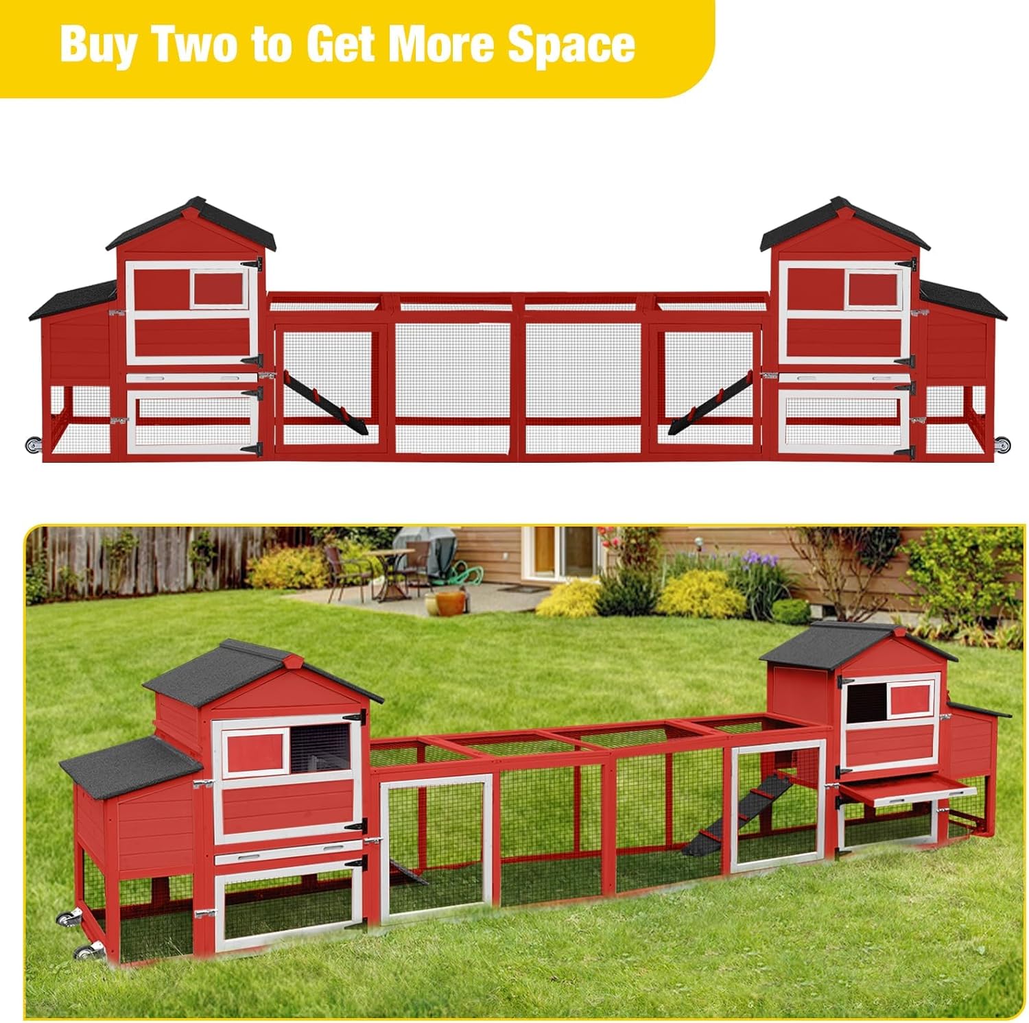 Aivituvin Mobile Chicken Coop on Wheels, Outdoor Wooden Hen House with Run for 2-4 Chickens, UV Protection Roof, Nesting Box & Pull-Out Tray, Red