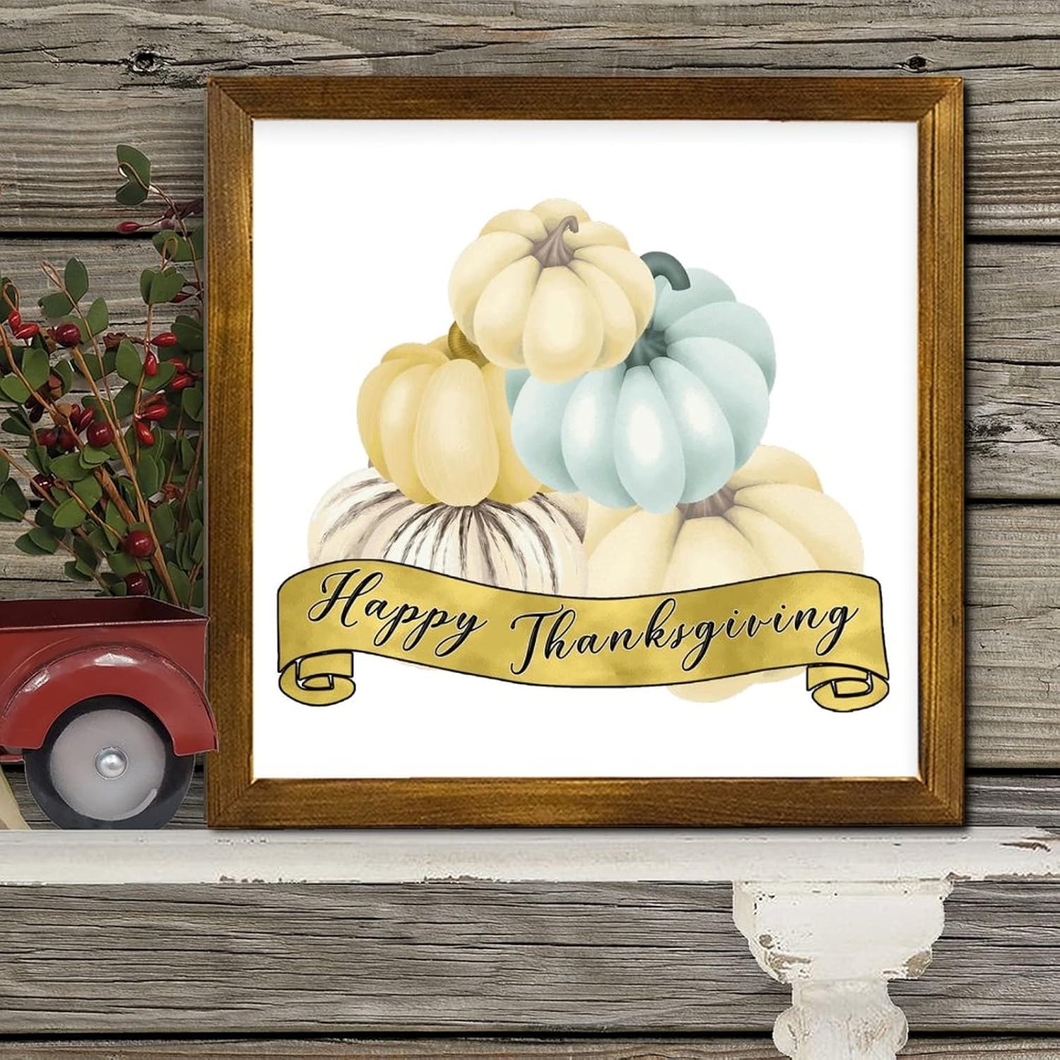 Happy Thanksgiving Day Framed Wooden Sign Fall Pumpkin Sunflower Wooden Plaque Retro Farm Harvest Wall Art Hanging Farmhouse Decoration Plaque for Home Kitchen Living Room Table 12x12 inch