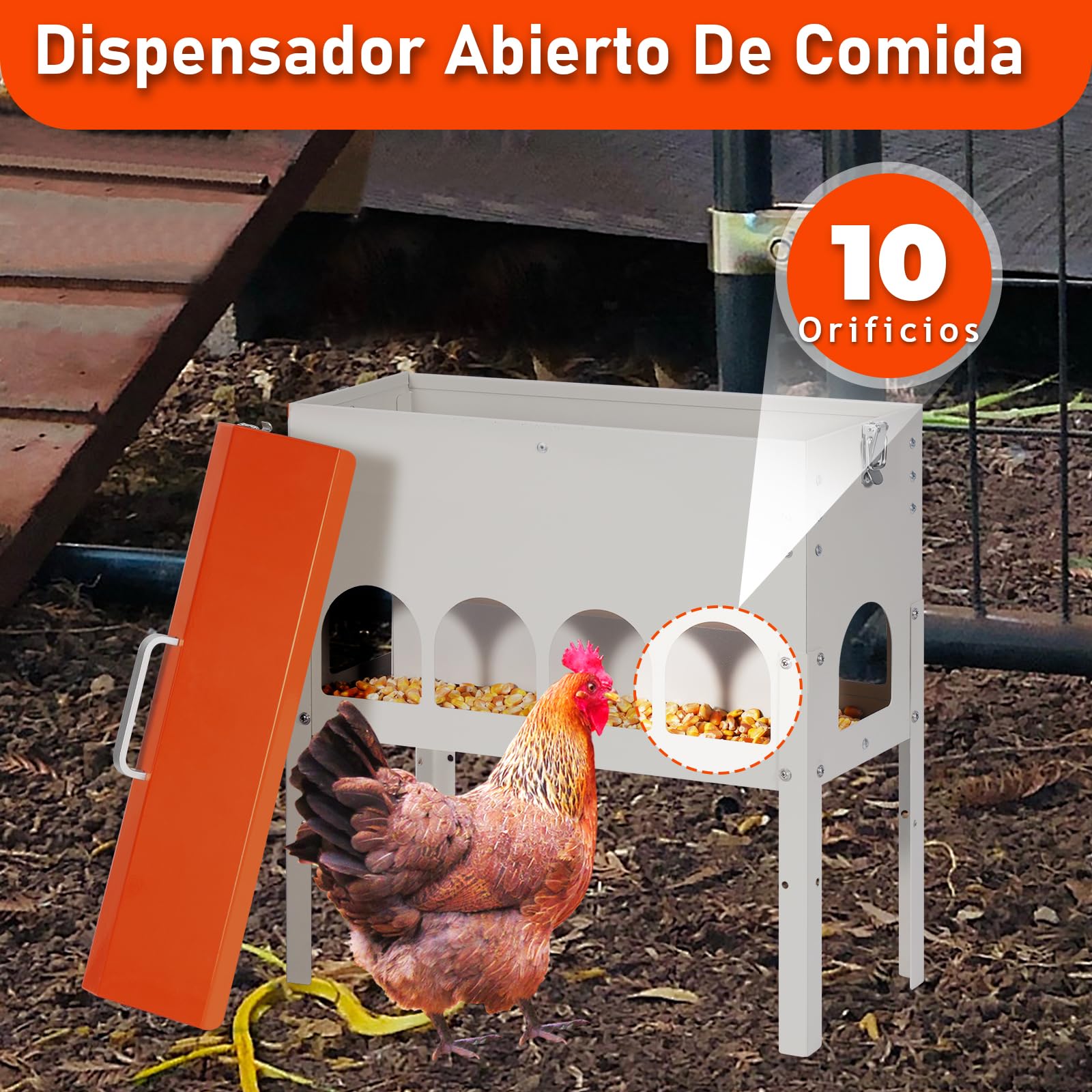 Comedero Gallinas Automatico con Patas, 5kg Tolva con 10 Puertos de Alimentación, Dispensador Automático de Pienso para Gallinas, Antidesperdicio, Comedero Metalico para Pollos, Patos